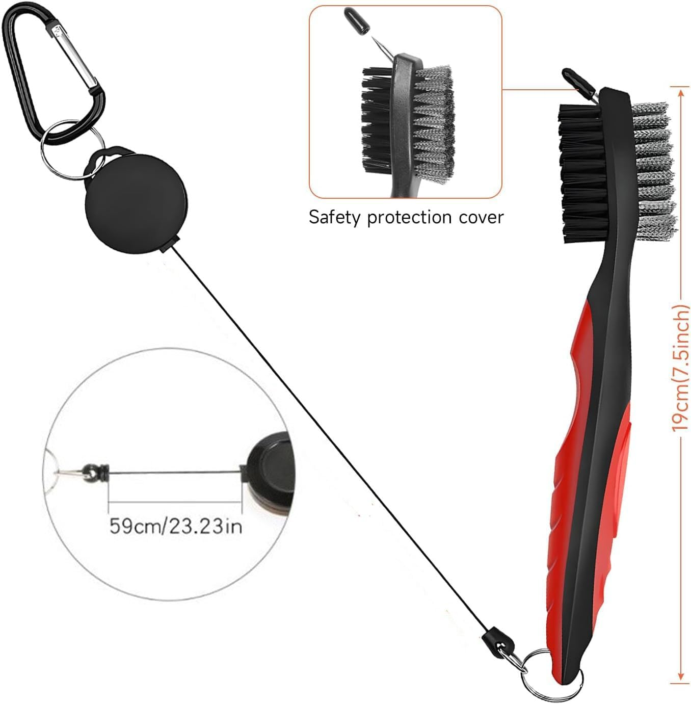 2Ft Brass Golf Club Brush with Retractable Zip Line and Aluminum Carabiner Ergonomic Golf Groove Cleaner for Clubs, Durable Brass Bristles, Compact Golf Bag Accessory, Easy to Use Retractable Design