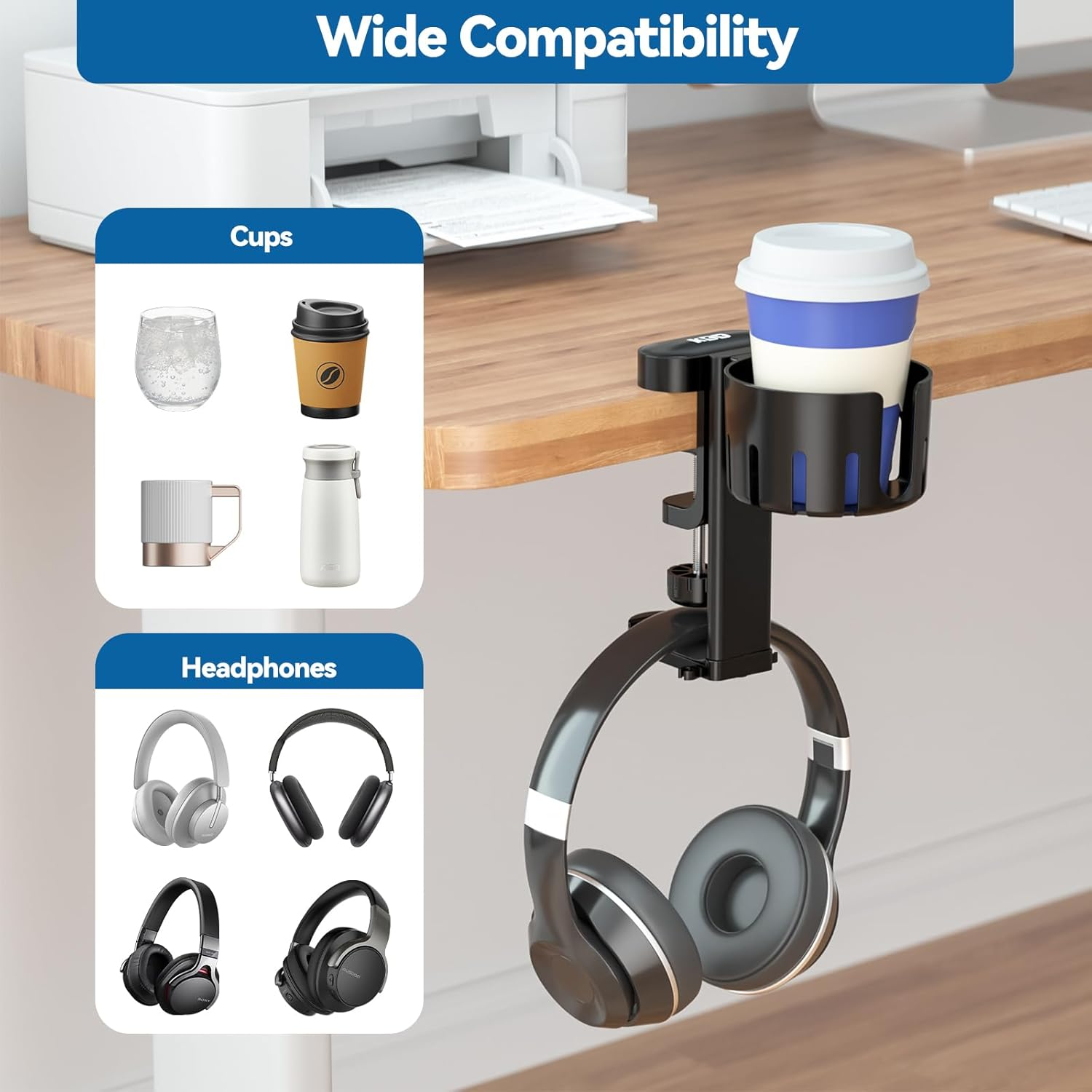 KDD 2 in 1 Headphone Hanger with Desk Cup Holder - under Desk Clamp Rotatable Headset Holder - Suitable for Coffee Mups, Water Cups, Headphone(Black) image number 2