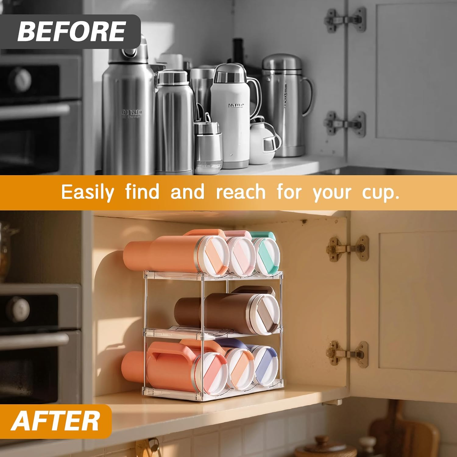 3 Tier Water Bottle Organizer Rack for Cabinet Kitchen Storage & Organisation, Stackable Bin Countertop Holds 9 Bottles Large Capacity Sports Bottles, Wine Rack, Tumbler Travel Mug Cup Holder (Clear)