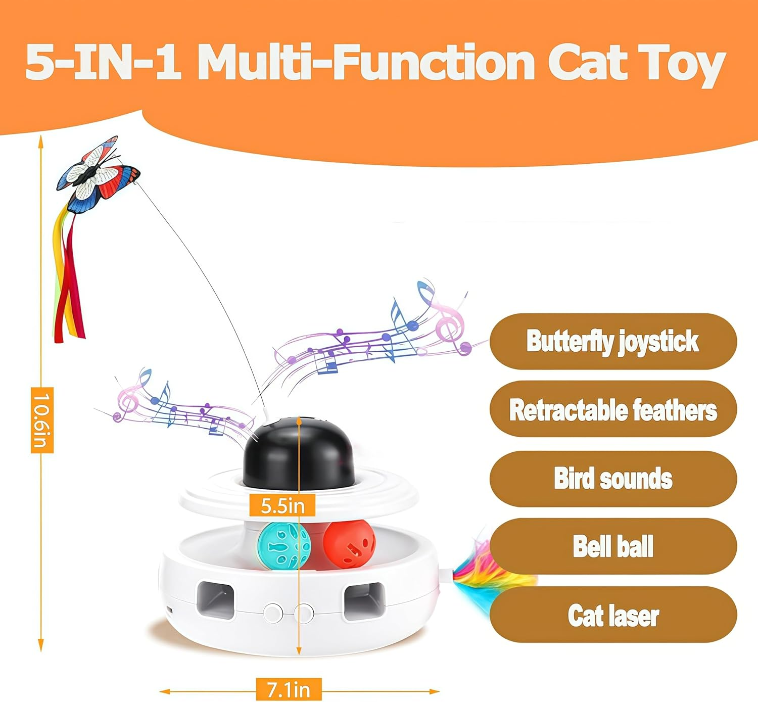 Interactive Cat Toys, 5-In-1 Indoor Automatic Cat Toy, Rechargeable, Safe, Silent,Intelligent Activation, Featuring Lights, Ball, Butterfly, Bird Sound, Feather, Rechargeable, Suitable for All Cat image number 2