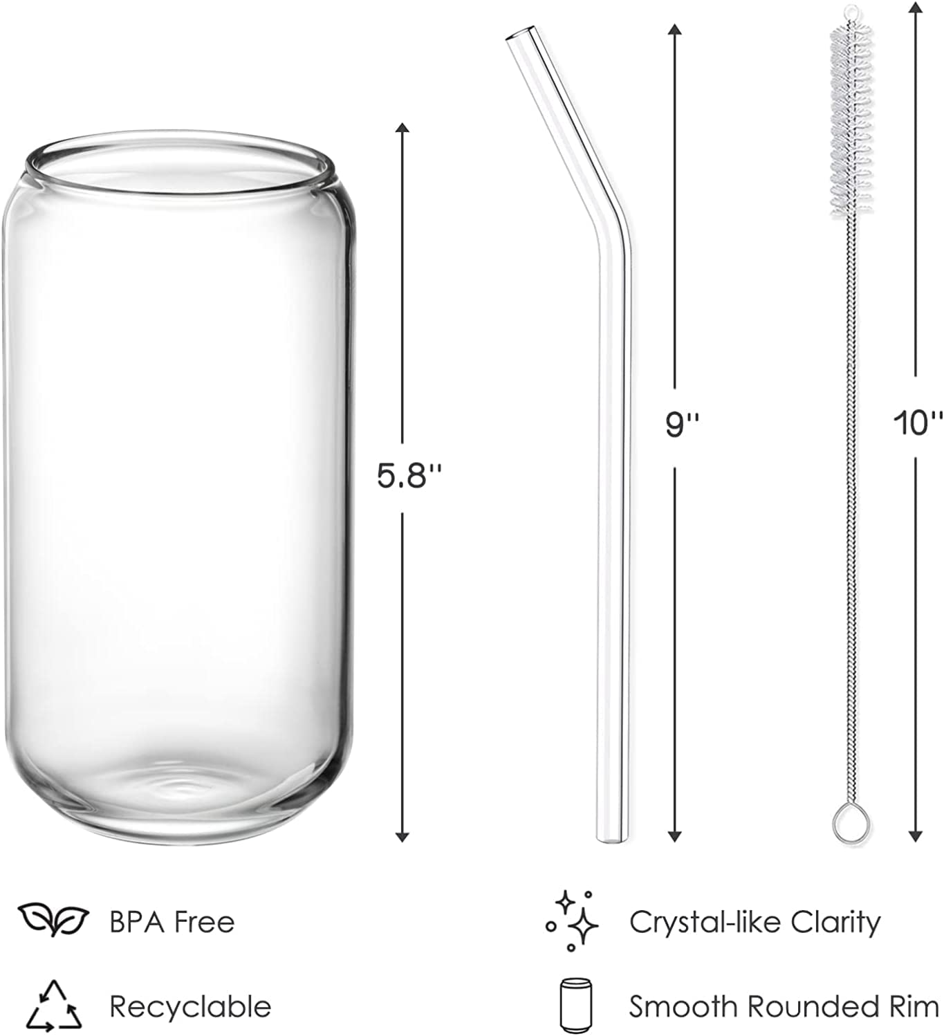 Drinking Glasses with Glass Straw 2Pcs Set - 16Oz Can Shaped Glass Cups, Beer Glasses, Iced Coffee Glasses, Cute Tumbler Cup, Ideal for Whiskey,Tea， Soda,Water, Gift - Cleaning Brushes (Two Packs) image number 3