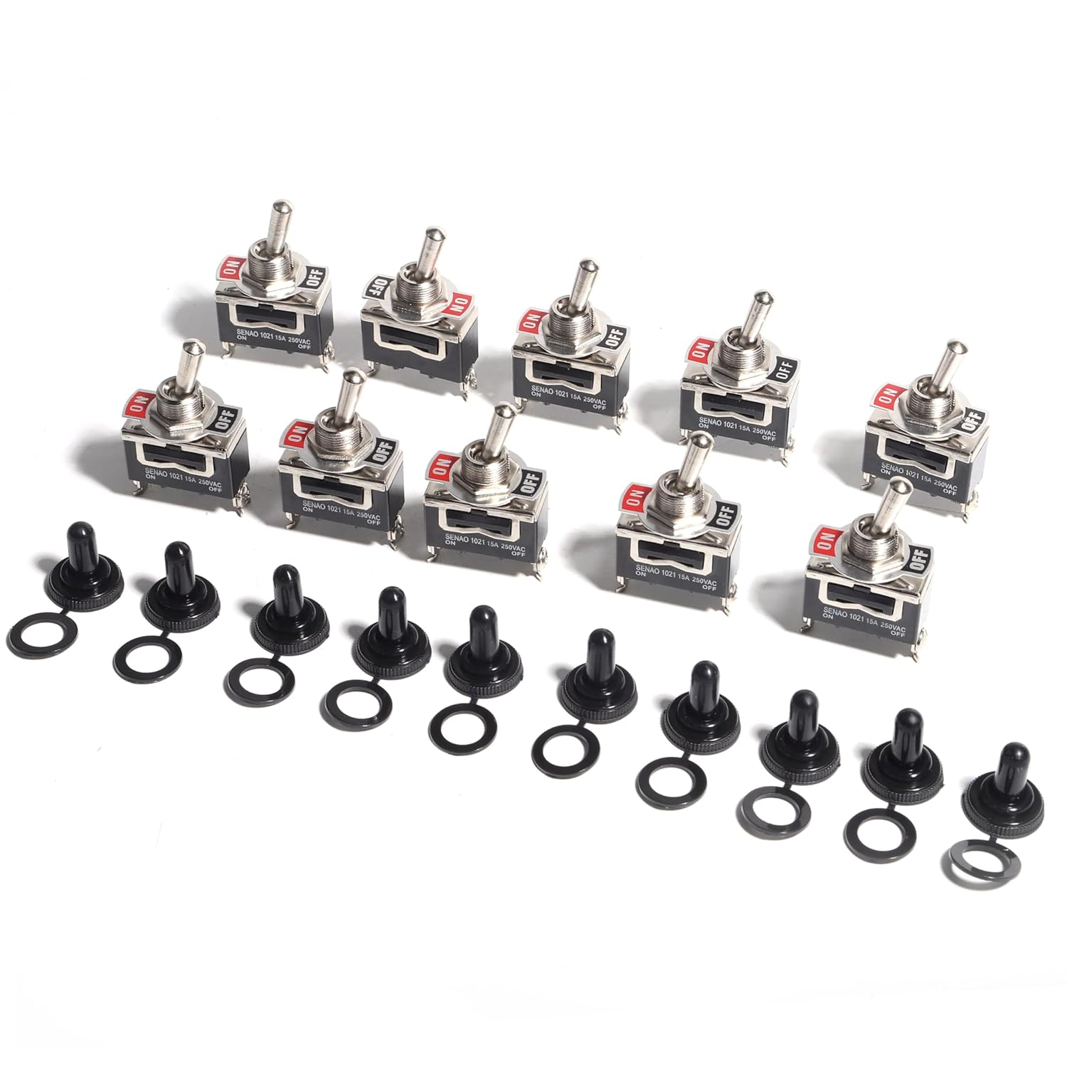 Toggle Switches 10 Pack 2 Pin on off SPST Car Rocker Toggle Switch 15A 250V Heavy Duty Waterproof Metal Bat Waterproof Boot Cap Cover image number 3