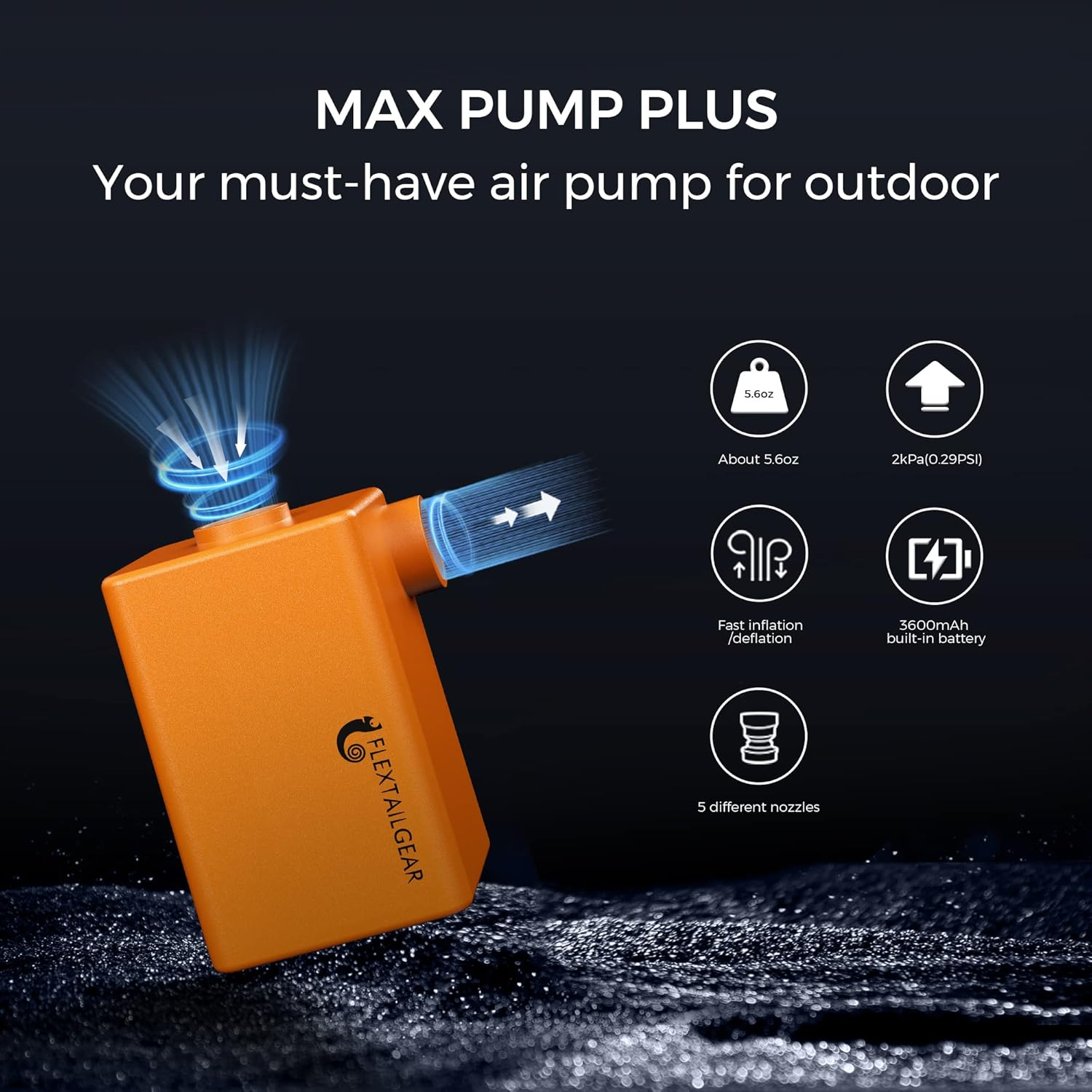 FLEXTAILGEAR - MAX Pump plus Portable Air Pump with 3600Mah Battery USB Rechargeable Lightwight Quick Inflate Deflate for Pool Floats Bed Air Mattress Swimming Ring (Orange) image number 2