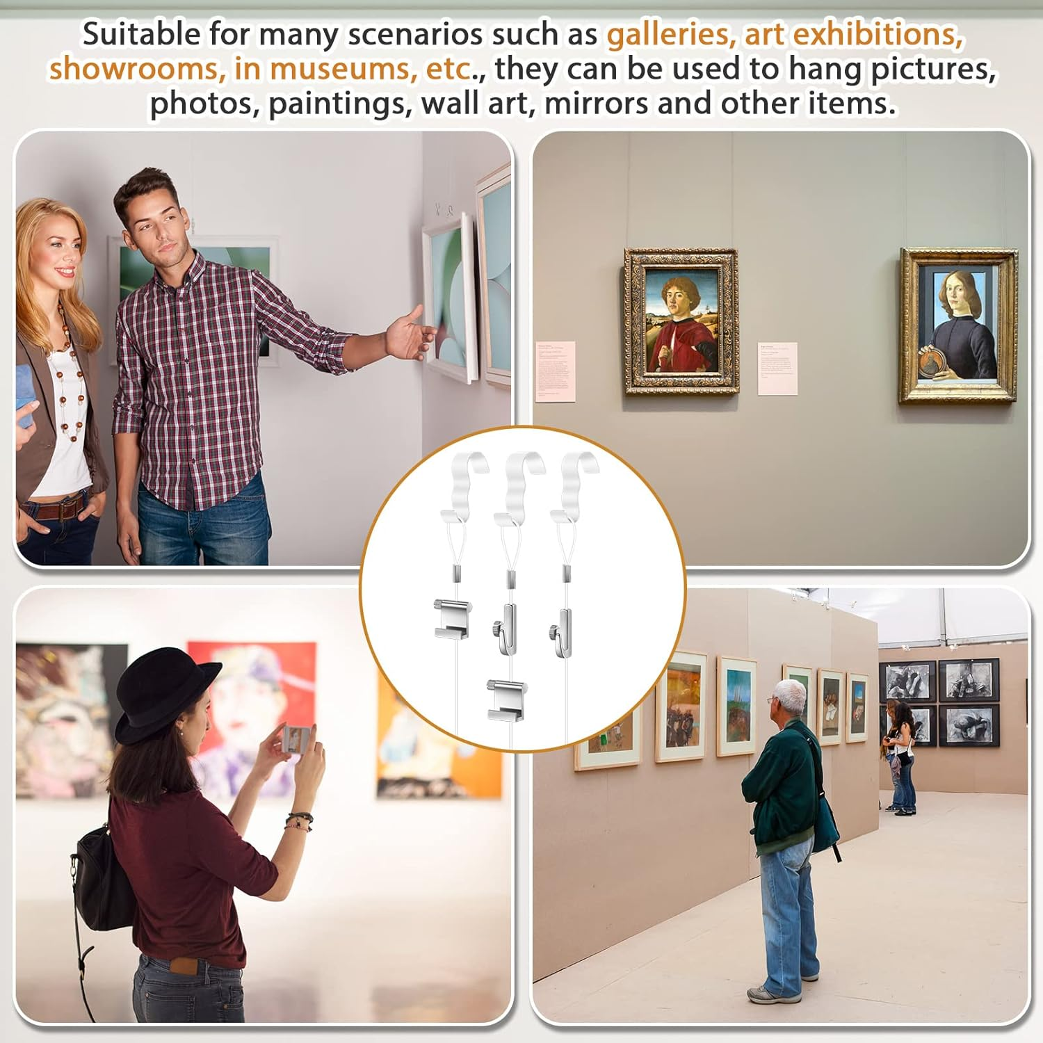 Dunzy 10 Pcs Picture Rail Hanging System Kit Picture Rail Hooks Molding Hangers with Invisible Nylon Cord and Adjustable Hooks for Exhibition, Art Gallery Supplies, White image number 6