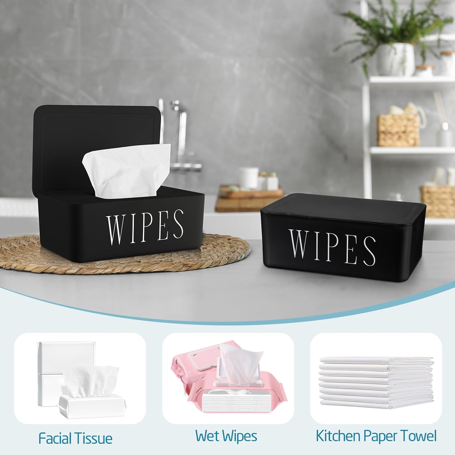 3 Pack Baby Wipes Dispenser Holder Wipe Container for Bathroom with Lid Toilet Tissue Paper Storage Refillable Box for Home Office Cars(Small,Black) image number 4