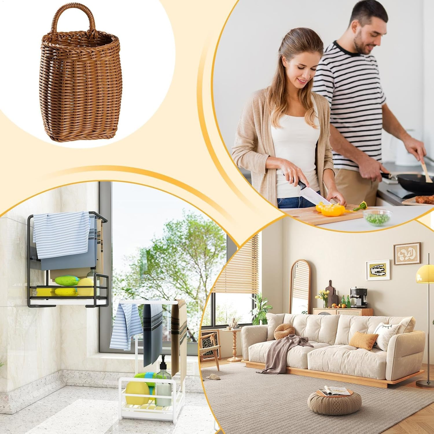 Rattan Wall Basket Set, Seagrass Hanging Decoration, Handmade Water Hyacinth Wicker Baskets, Decorative round Baskets, Environmentally Friendly, Perfect for a Modern Living Room, Bedroom, Kitchen - L image number 5