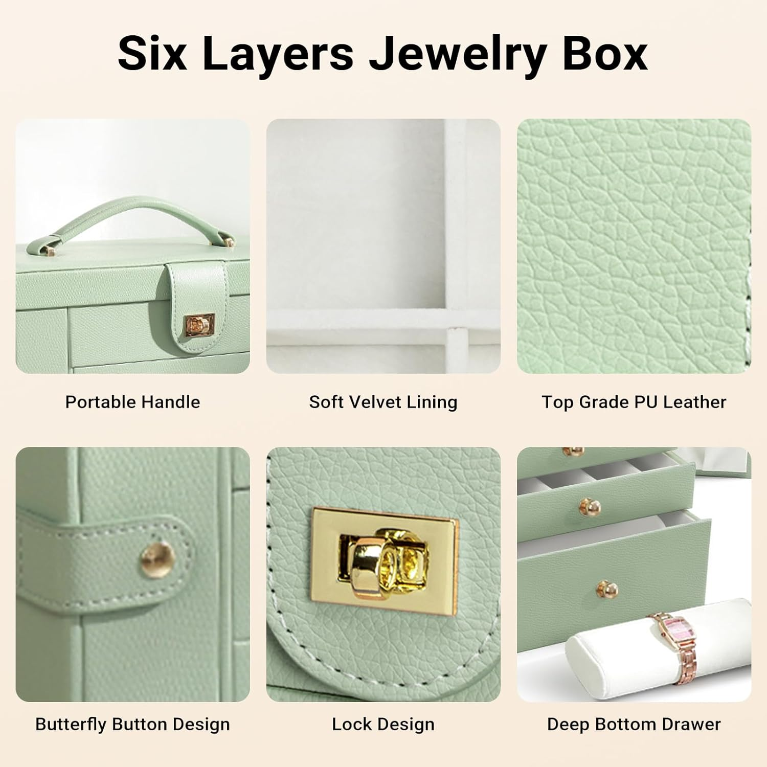 LIAN 6-Layer Large Jewelry Box with Big Mirror Functional Huge 5 Drawers Leather Jewelry Storage Case for Women Girls Ring Necklace Earring Bracelet Holder Organizer (Large-Pale Green)