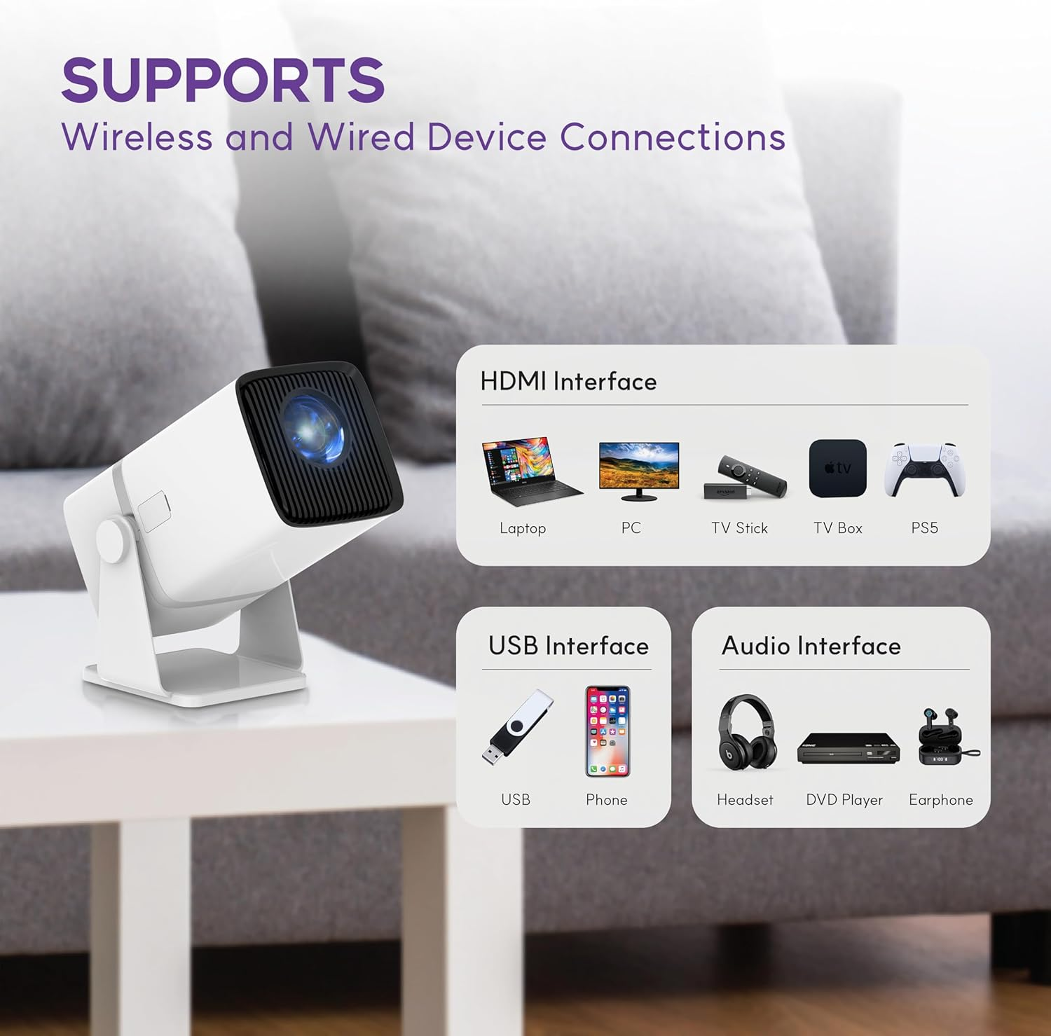 Alliums Mini Projector with 5G Wifi, 1080P Supported, Portable Projector - Bluetooth Speaker, PS5 & Phone Compatible Smart Auto Vertical Correction, 180&deg; Rotatable for Bedroom, Home Theater & Gaming image number 1