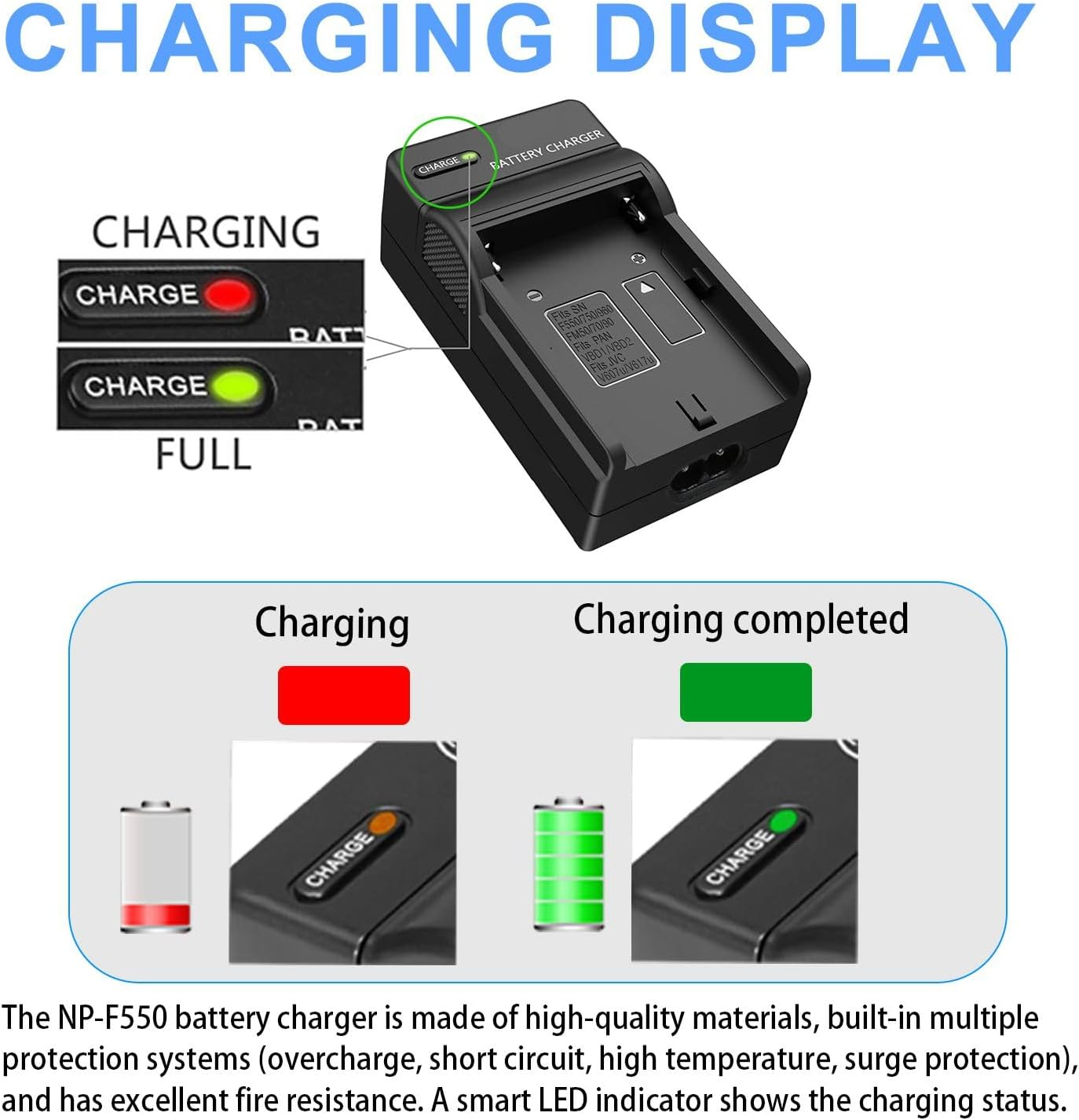 KWTOUL NP-F550 Battery Charger Compatible with Sony NP F970, F960, F770, F750, F570, F530, F330, CCD-SC55,TR516,TR716, TR818, TR910, TR917, CN160, CN-216, Feelworld Field Monitor & More