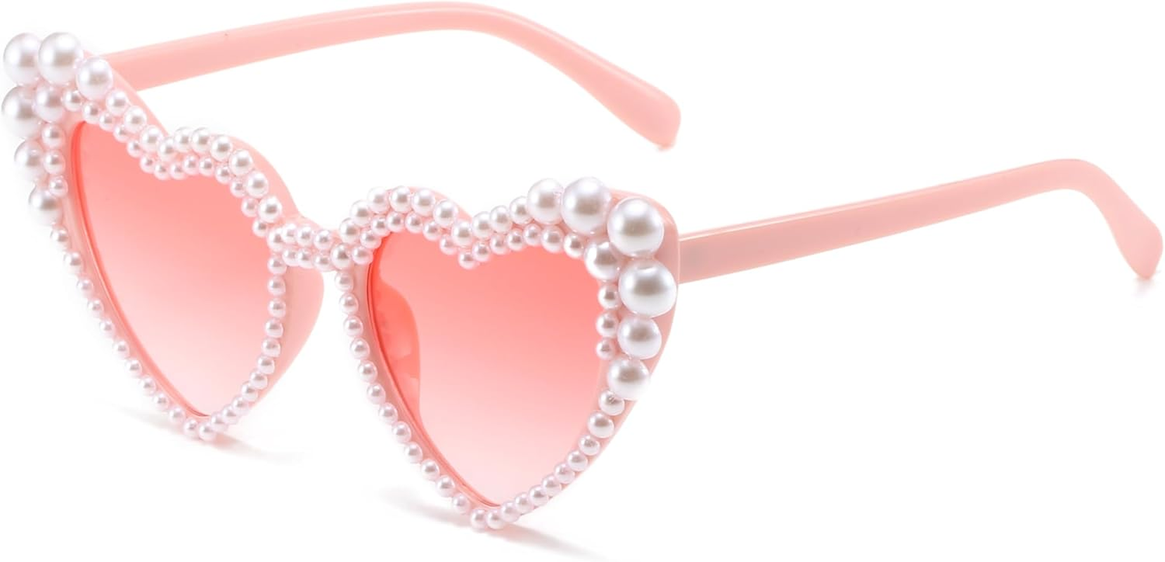 Hanj Love Heart Pearl Sunglasses for Women Rhinestone Glasses Bachelorette Party Bride Sunglasses - White image number 3