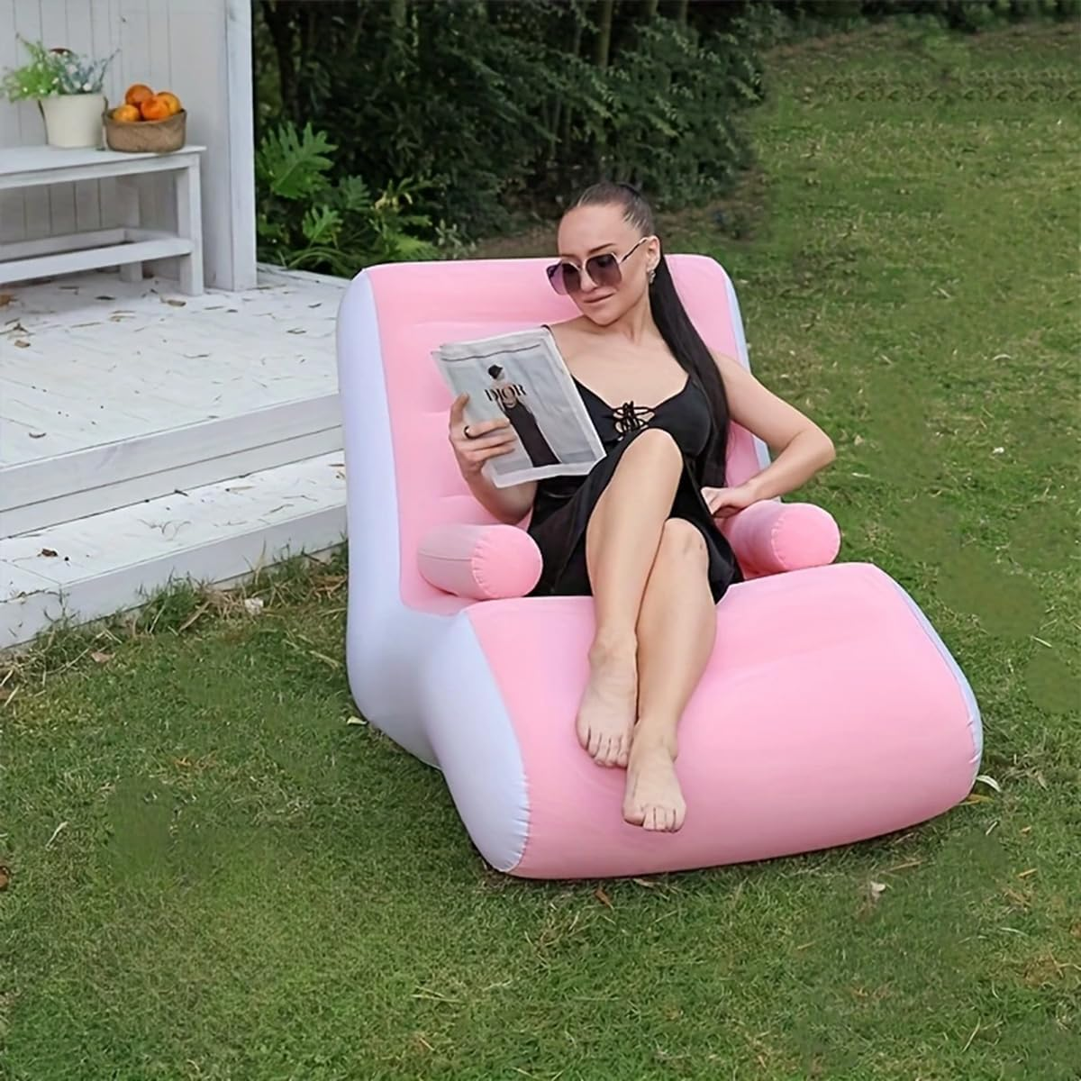 AIMALL S-Shaped Inflatable Recliner Sofa Chair for Adults, Pink Flocking PVC Blow up Lounger for Home, Office, Nap, Relaxation, 33.46In X 55.11In X 31.49In image number 1