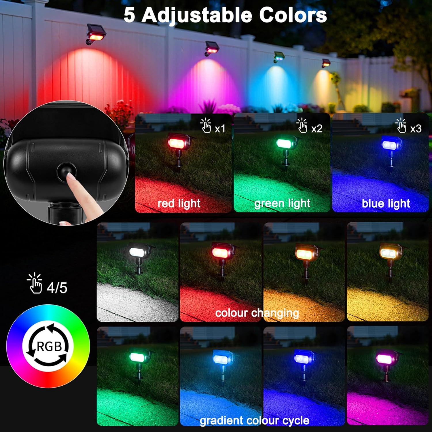 Solar Spot Lights Waterproof Outdoor, 5 Lighting Modes RGB Outdoor Garden Lights, outside Wall Lights, RGB Landscape Light Solar Powered for Garden, Patio, Yard, Lawn, Backyard (4 Pack) image number 2