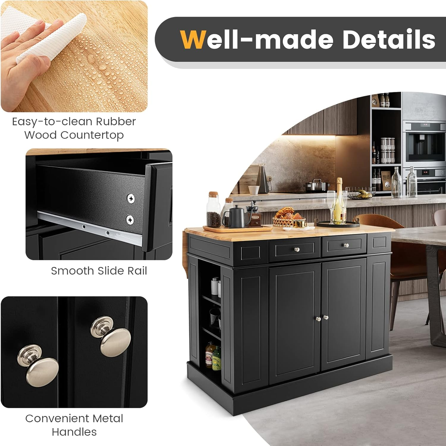 Giantex Kitchen Island Table with Storage, Drop Leaf Rubber Wood Countertop, Drawers, Side Racks, 2-Door Cabinet, 3-Level Adjustable Shelves (Black)