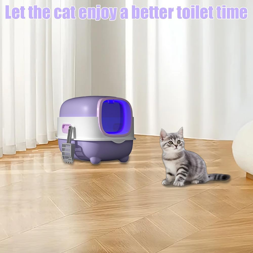Cat Litter Box with Lid and Scoop UV Sterilization and Deodorization, Easy to Clean and Splash-Proof Detachable Cat Litter Tray with Hood for Medium and Small Cats 55X38X36Cm (Purple) image number 3