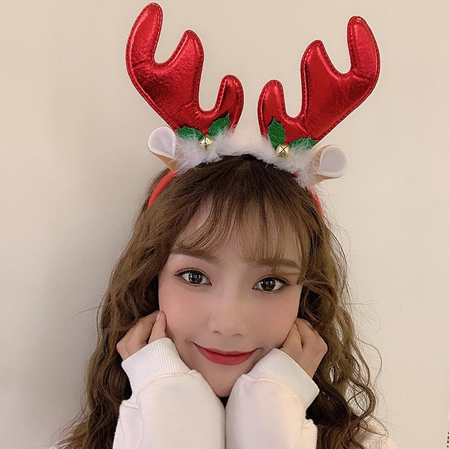 Red Antler Headband with Deer Ears for Christmas Party, Reindeer Antlers Headwear Accessory for Women Men Kids, Holiday Cosplay Photo Props Gift (1 Pcs) - Orevan image number 4