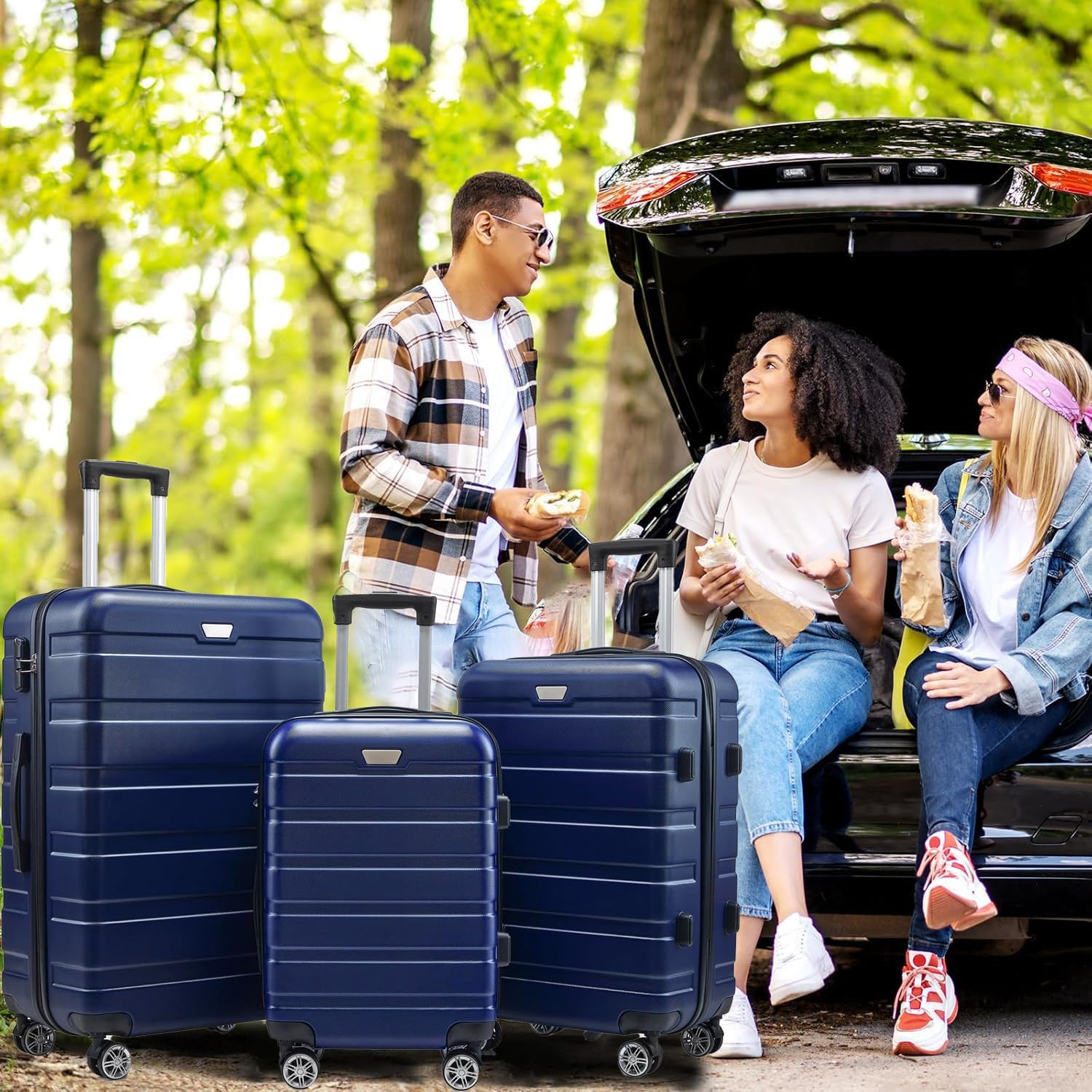 3Pcs Luggage Set, Trolley Suitcase Hand Luggages Hard Case Shell, Expandable Spinner Suitcase, Travel Strap Bag Carry on Adult Kids Lightweight Roller, Blue (20" 24" 28") image number 5