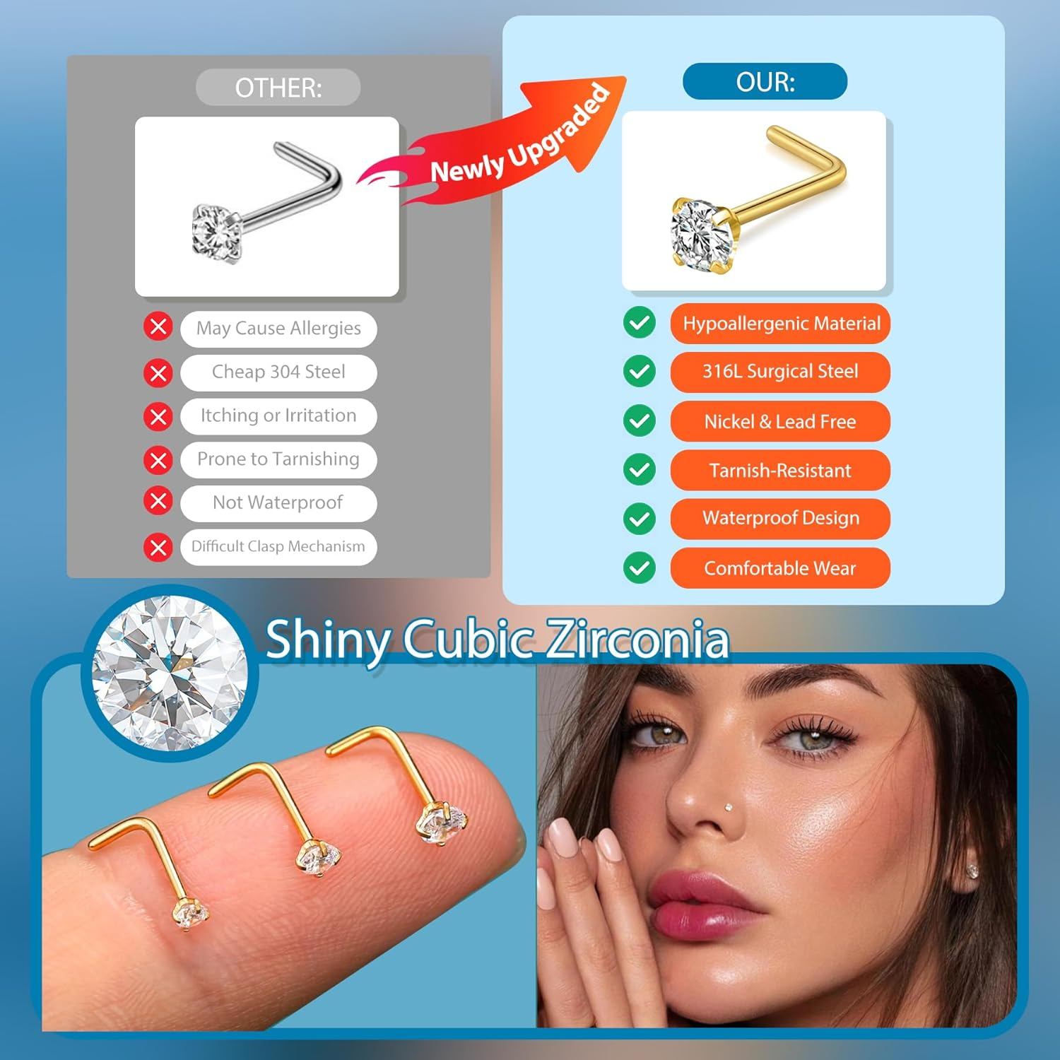 D.Bella 16G 18G 20G 22G L Shaped Nose Studs Surgical Steel 1.5Mm 2Mm 2.5Mm 3Mm Clear Colorful Diamond CZ Nose Rings Studs Nose Rings for Women Nose Nostril Piercing Jewerly Silver Gold Rose Gold Black image number 1