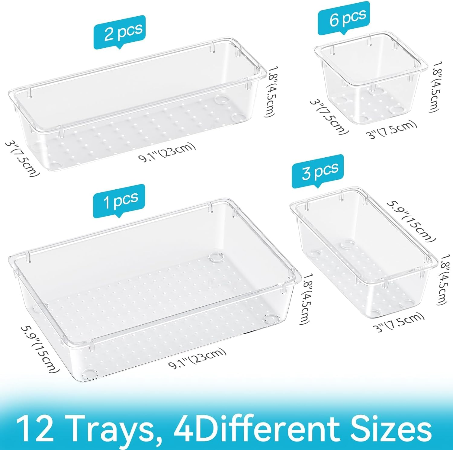 Elegantarray 12 PCS Drawer Organizer Set, 4 Sizes Makeup Vanity Organizer, Clear Plastic Organization and Storage Bins for Makeup, Jewelry, Multiple Gadgets for Kitchen, Bathroom, Office, Bedroom image number 3
