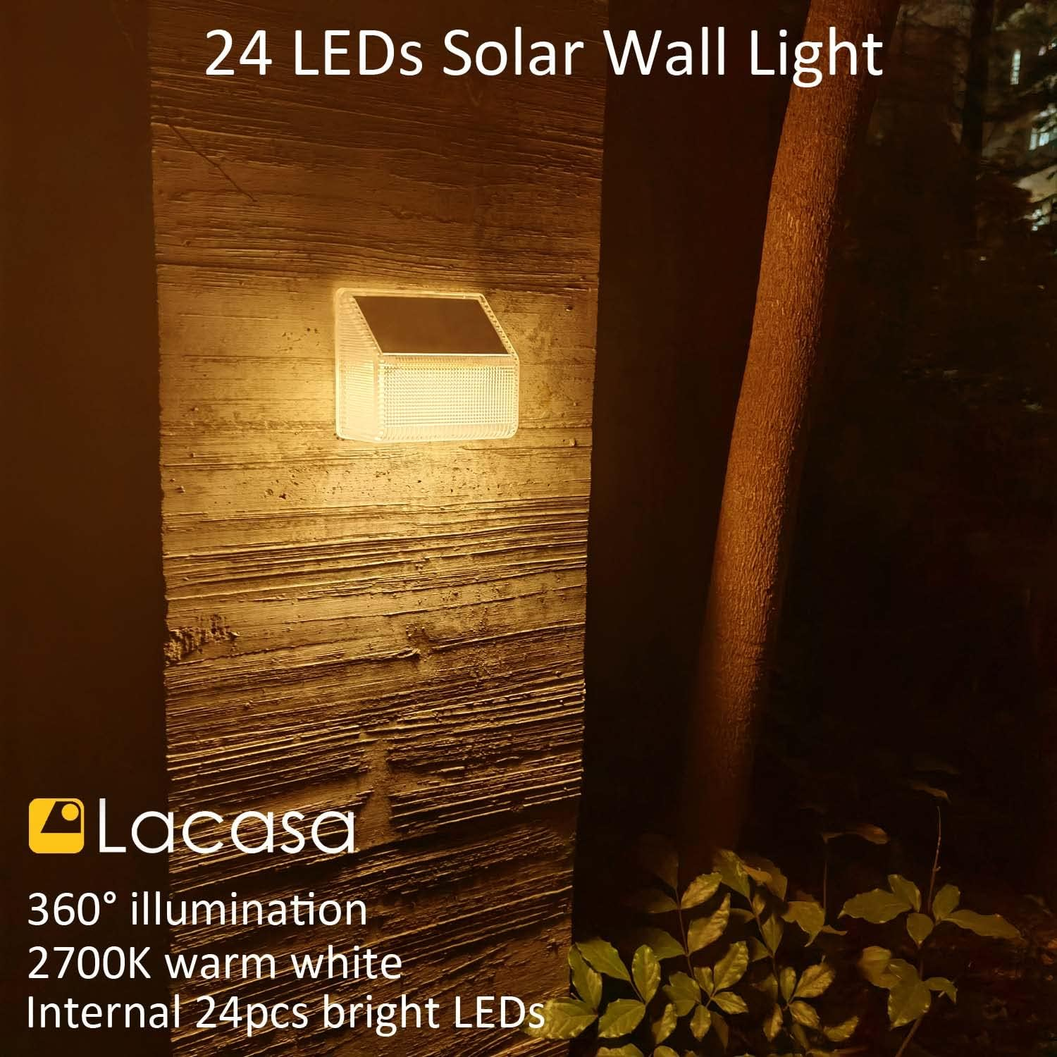 Lacasa Solar Fence Lights Outdoor, 4 Pack 24 LED Solar Deck Lights Waterproof Accent Wall Lights, up All Night Lighting for Garden Step Patio Backyard Porch Pathway, 50LM Warm White image number 3