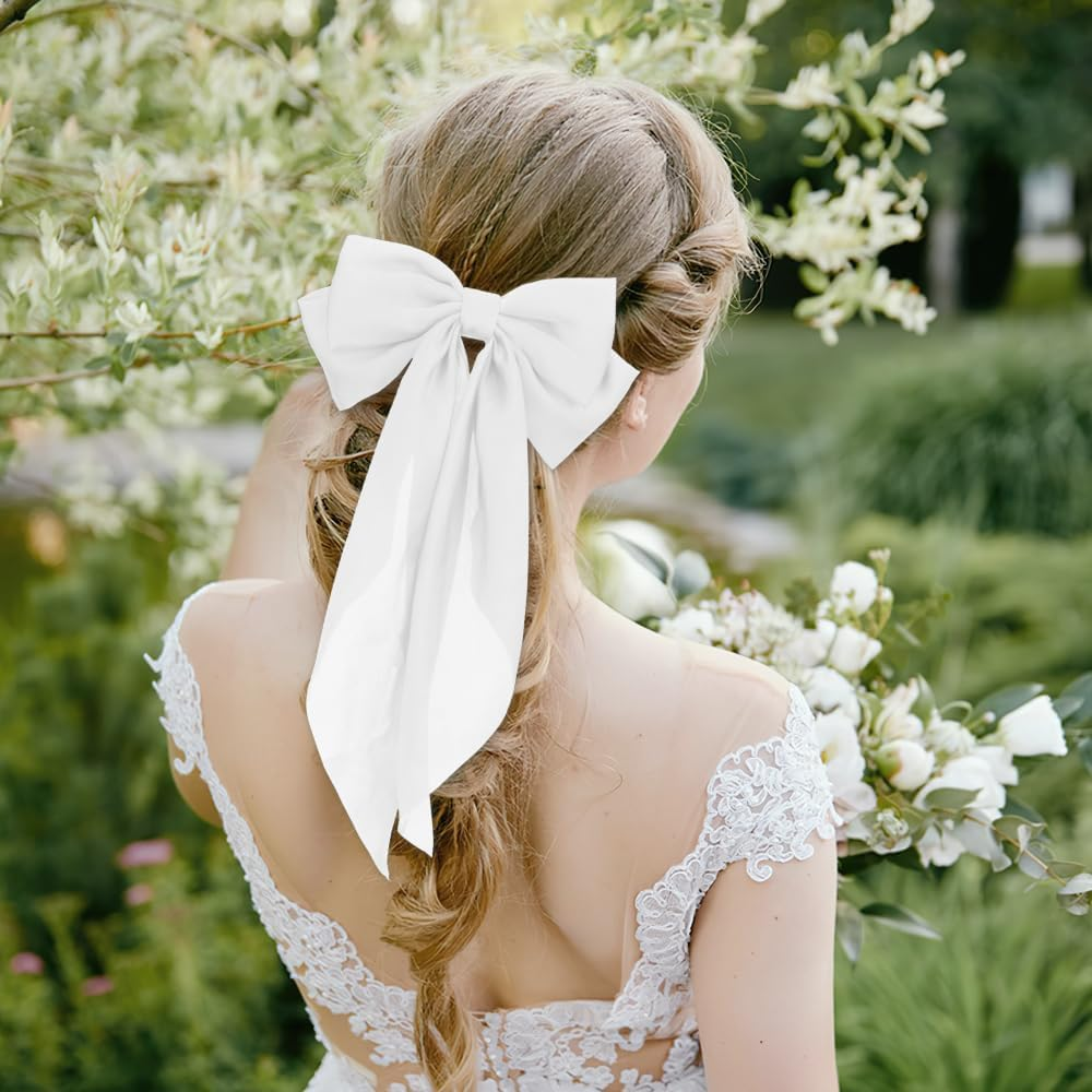 Elegant Large Bow Hair Clips,2Pcs Stylish Black and White Satin Ribbon Bows with Long Tails for Women,Bowknot Hair Clip Barrettes,Accessories for Birthday,Wedding,Holidays,Ribbons for Girls and Women