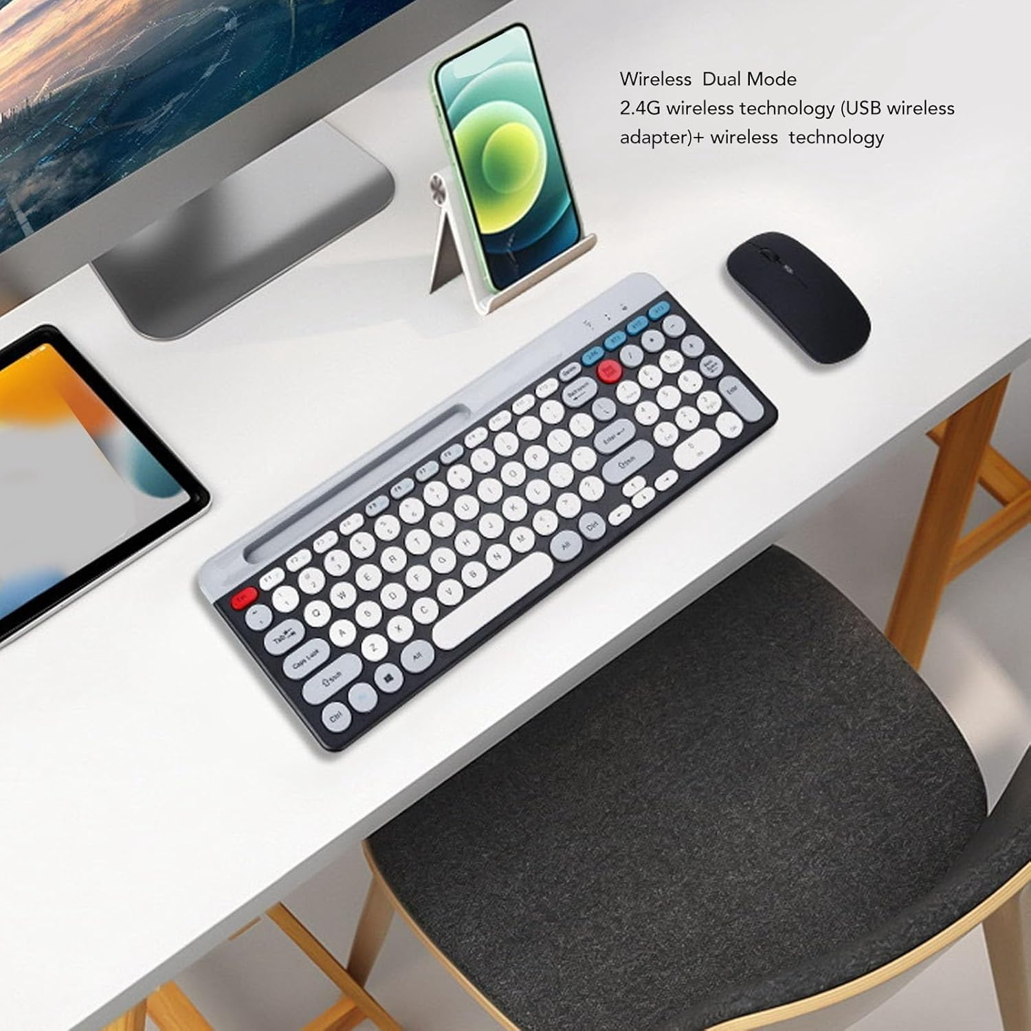 Wireless Keyboard and Mouse Combo, 2.4G Bluetooth Double Mode Retro Style Keyboard with Waterproof Silicone Dust Mat, 400Mah Ergonomic Mouse, for Computer, Laptop (Black) image number 4