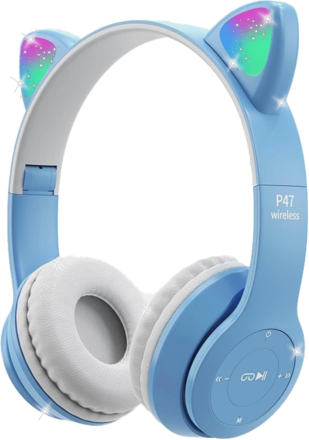 Megadream Children'S Cat Ears Headphones, Bluetooth Headphones, LED Light up Children'S Wireless Foldable Headset, over Ear for Girls/Boys Age 8+ (Blue)