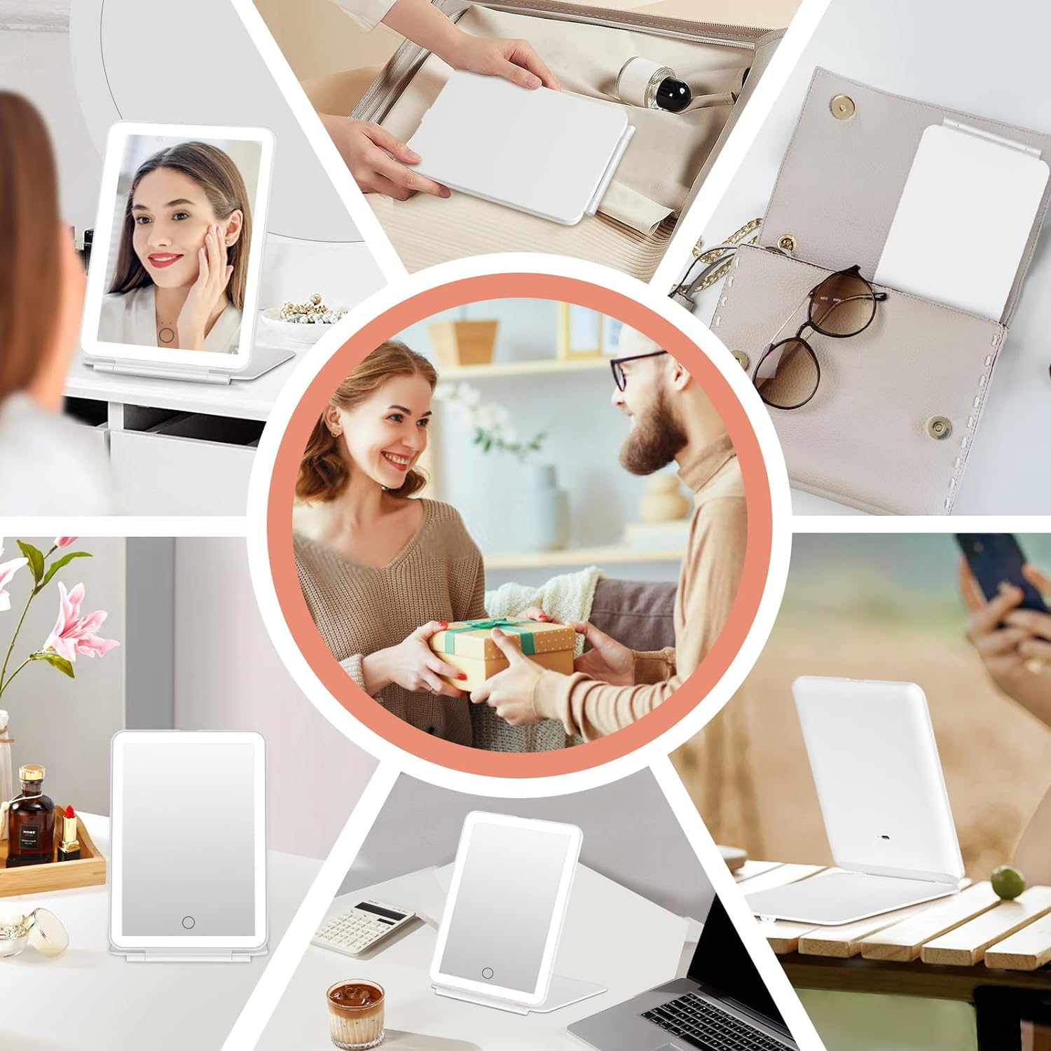 FUNTOUCH Cosmetic Mirror with Lighting, Rechargeable Portable Ultrasonic Travel Mirror with Light, 3 Colour Lights, Dimmable Touchscreen Makeup Mirror, Foldable Makeup Mirror (White) image number 4