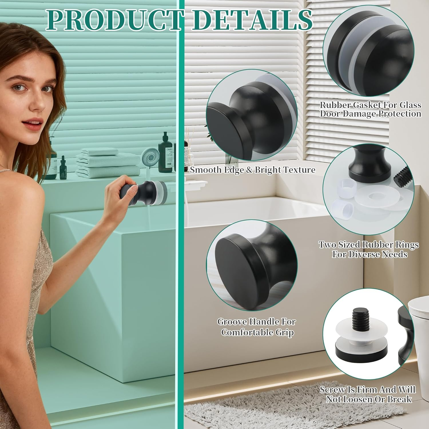 Alise Shower Door Handle, Sliding Shower Doors Knob, Heavy Duty Solid SUS304 Stainless Steel Knobs, One Sided Pull Hardware Replacement Parts for Bathroom Glass Doors, Black Finish image number 6