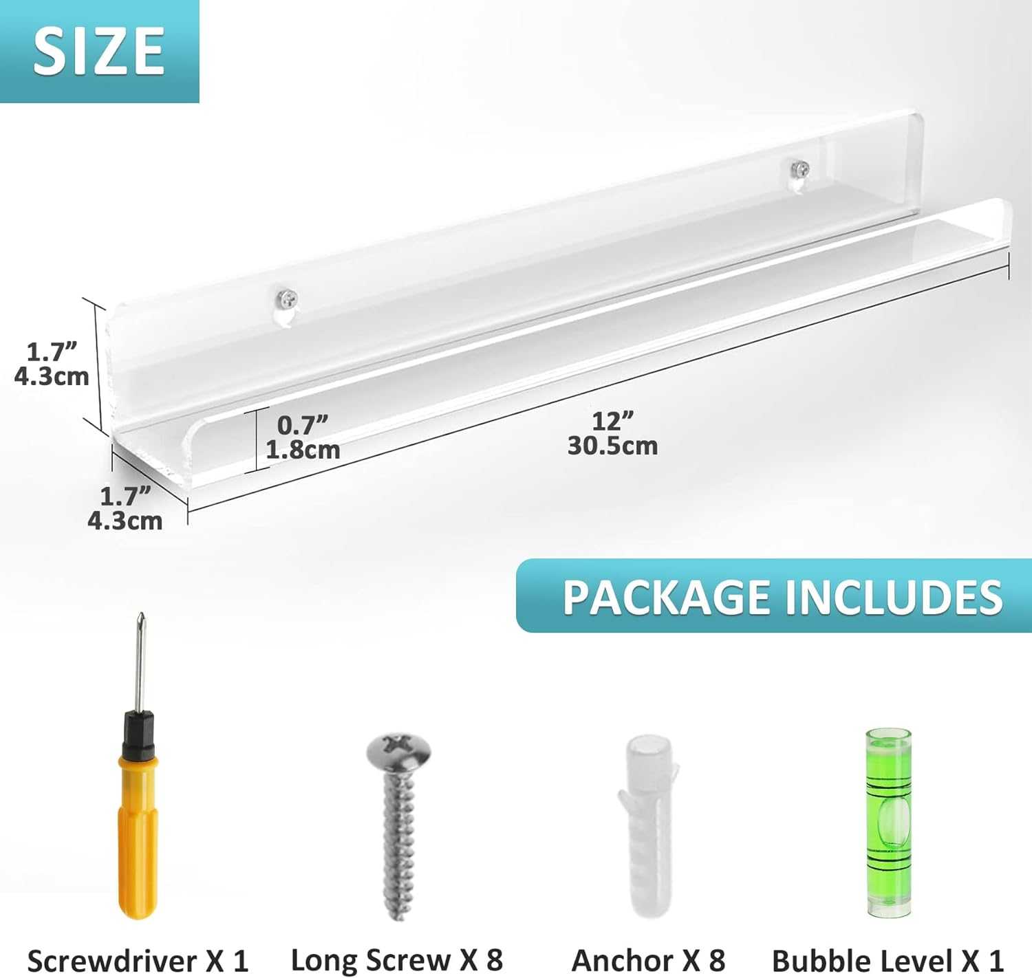 8 Pack Vinyl Record Shelf Wall Mount, 12" Vinyl Holder for Album Record Storage & Display, Clear Acrylic Floating Shelves for Wall Decor, Kids Bookshelf, Magazine Rack, Picture Ledge