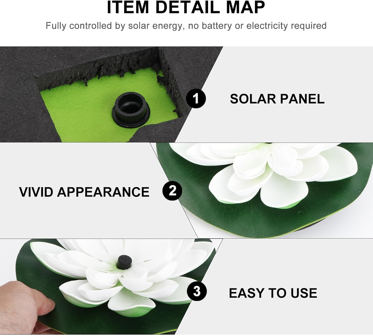 Anneome Solar-Powered Floating Lotus Fountain Water Pump with Nozzle Heads White Outdoor Garden Decor for Pool Aquarium Tank image number 3