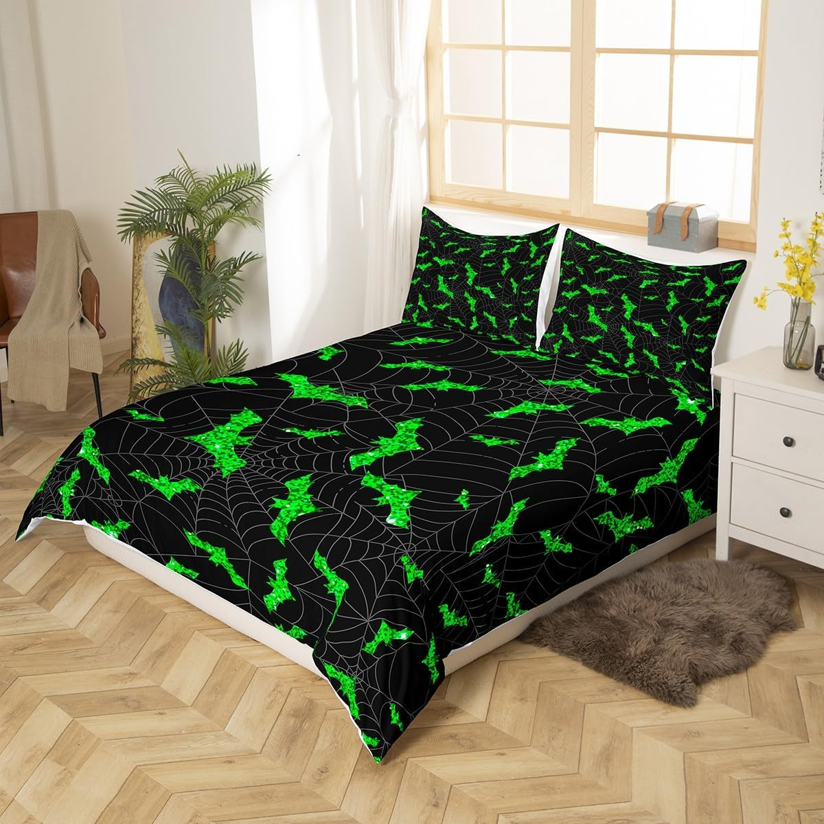 Bat Duvet Cover Set, S Size, Black Spider Web Bedding Set, Gothic Style Halloween Comforter Cover, Children, Girls, Adult Bedroom Decor, Green Glitter Print Quilt Cover, 1 Pillowcase image number 1