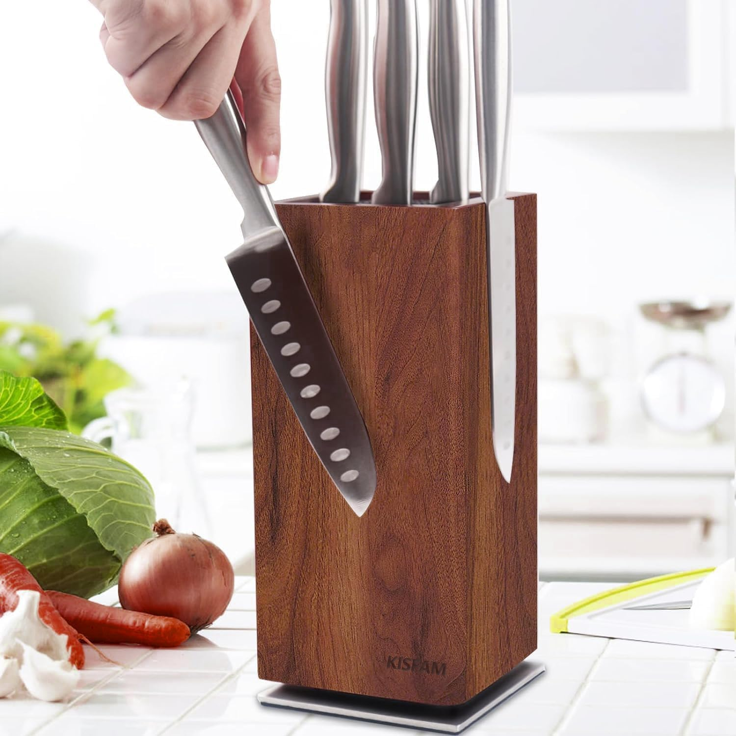 Magnetic Knife Block without Knives, 360&deg; Rotatable Magnet Knife Holder Stand Made of Fine Acacia Wood, Extra Large Capacity Knife Storage for Knives and Utensils for Kitchen Counter Top image number 2