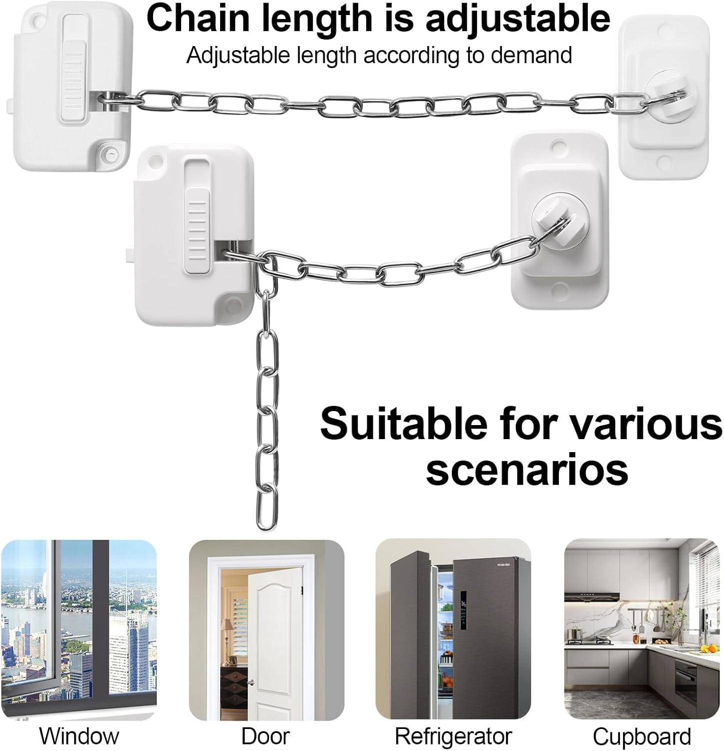2Pcs Window Safety Restrictors with Screws, Window Restrictor Locks for Child Pets Safety, Adjustable Window Lock for Door, Sliding Window, Fridge, Cabinets, Drawers image number 5
