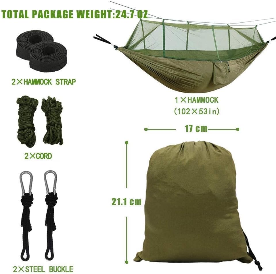 Camping Hammock with Net, Lightweight Portable Double Parachute Hammocks, 210T Nylon, High Capacity and Tear Resistance, Perfect for Camping, Backyard Relaxation (Armygreen) image number 2
