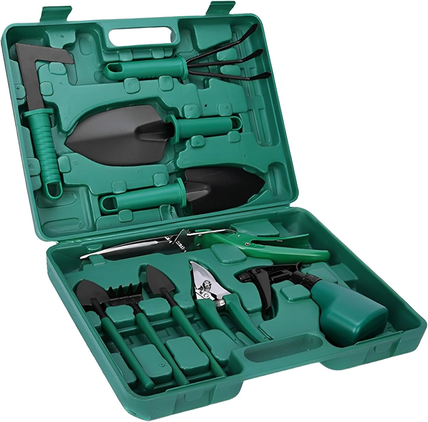 Springup 10 Pieces Garden Tools Set,Heavy Duty Gardening Tools,Gardening Tools with Carrying Case,Ergonomic Hand Tools, Pruner,Rake,Shovel, Trowel, Sprayer, Gifts for Men,Women(Green) image number 4