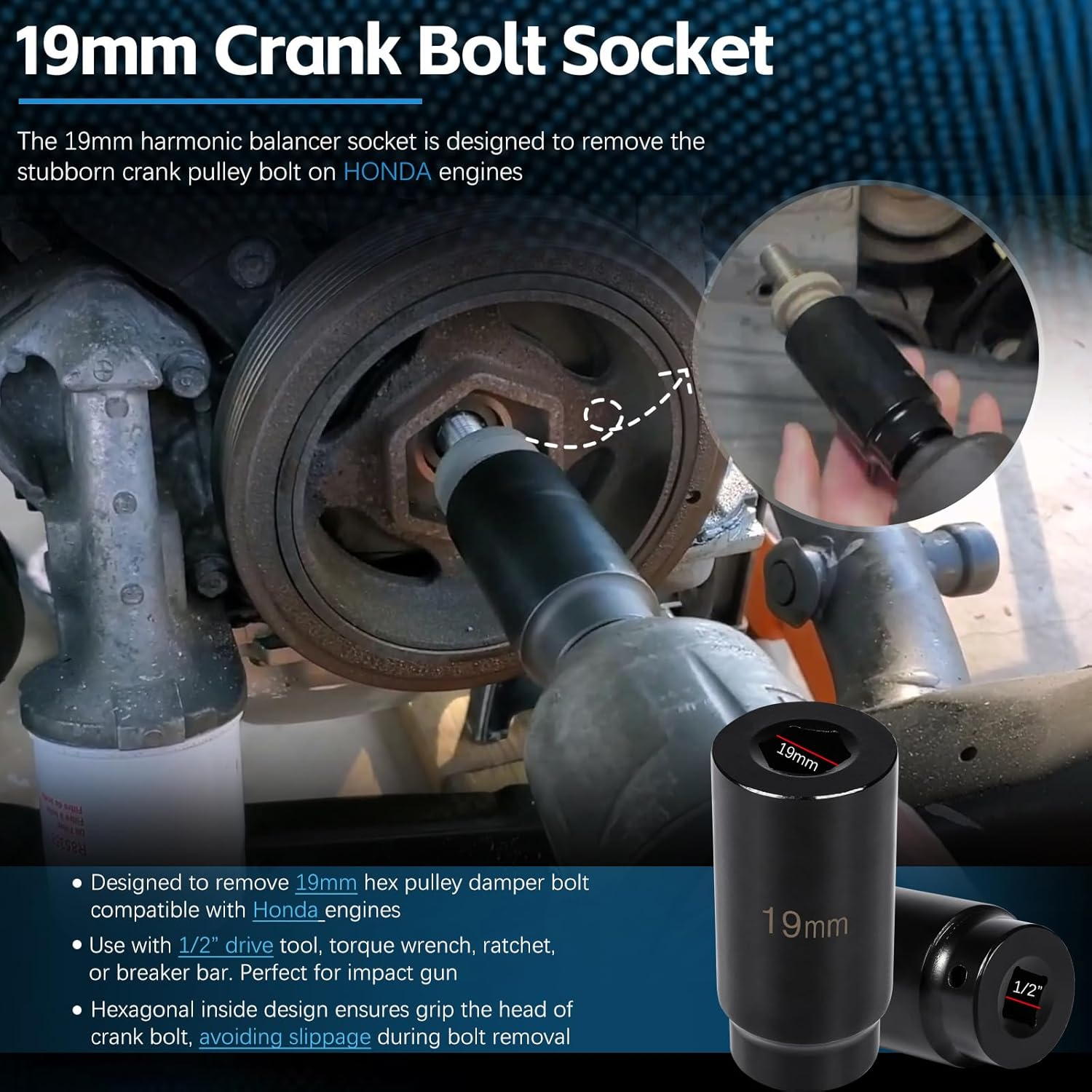 19 Mm Harmonic Balancer Socket & 50Mm Crankshaft Crank Pulley Wrench Holder for Honda and Acura Engines image number 1