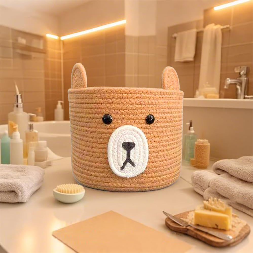 Bear Laundry Baskets, Woven round Bear, Weaving Baskets and Buckets, Cute Storage Basket for Toys, Shower, Laundry, Storage Hamper for Toy Plant Indoor Corner,Suitable for Desktop,Living Rooms,25*25Cm image number 4
