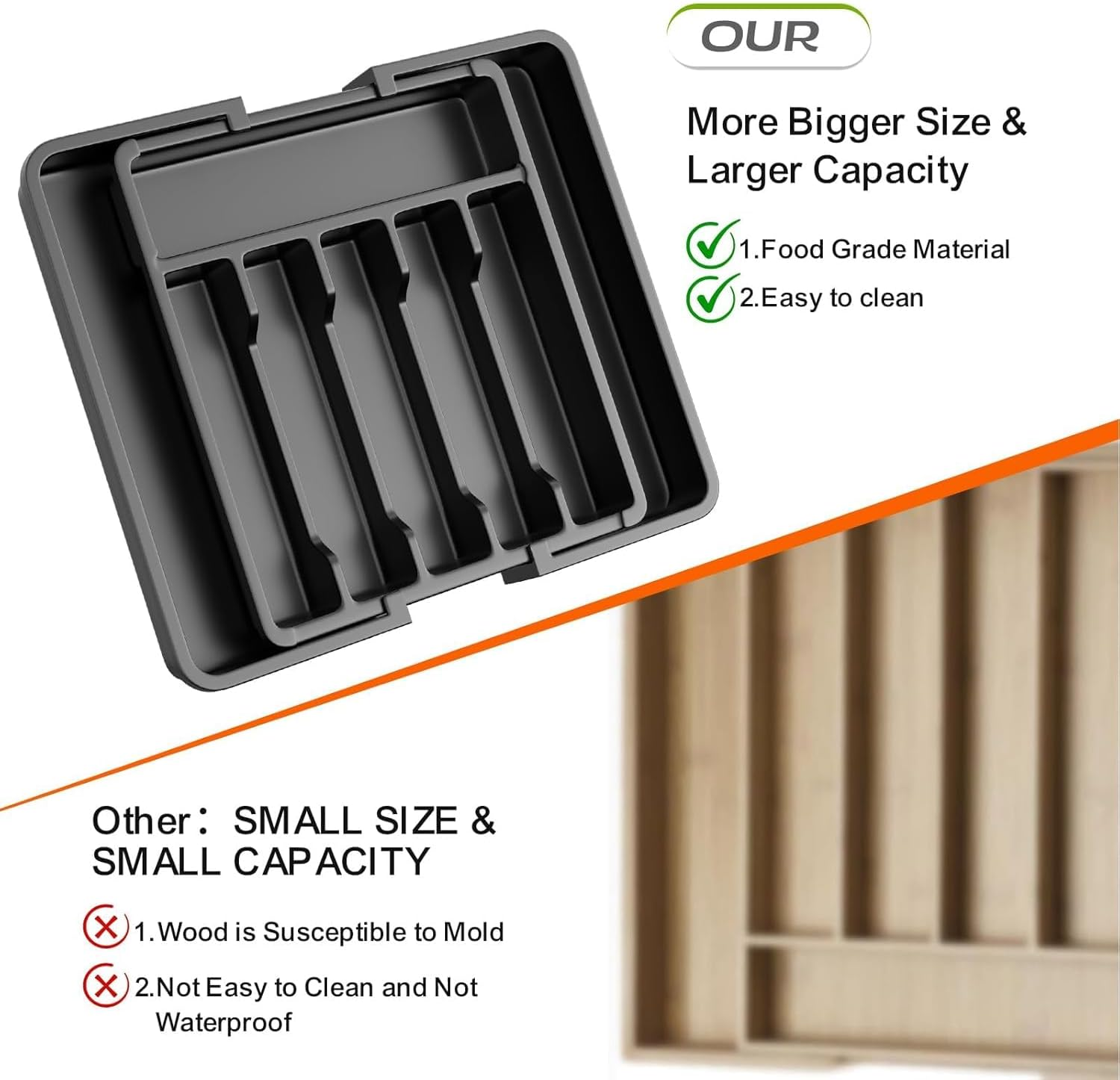 Expandable Cutlery Drawer Organizer, Adjustable Utensil Tray for Kitchen Drawers, Flatware Holder, Plastic Storage for Spoons, Forks, Knives, Durable Design, Space-Saving and Easy to Clean, Black image number 1