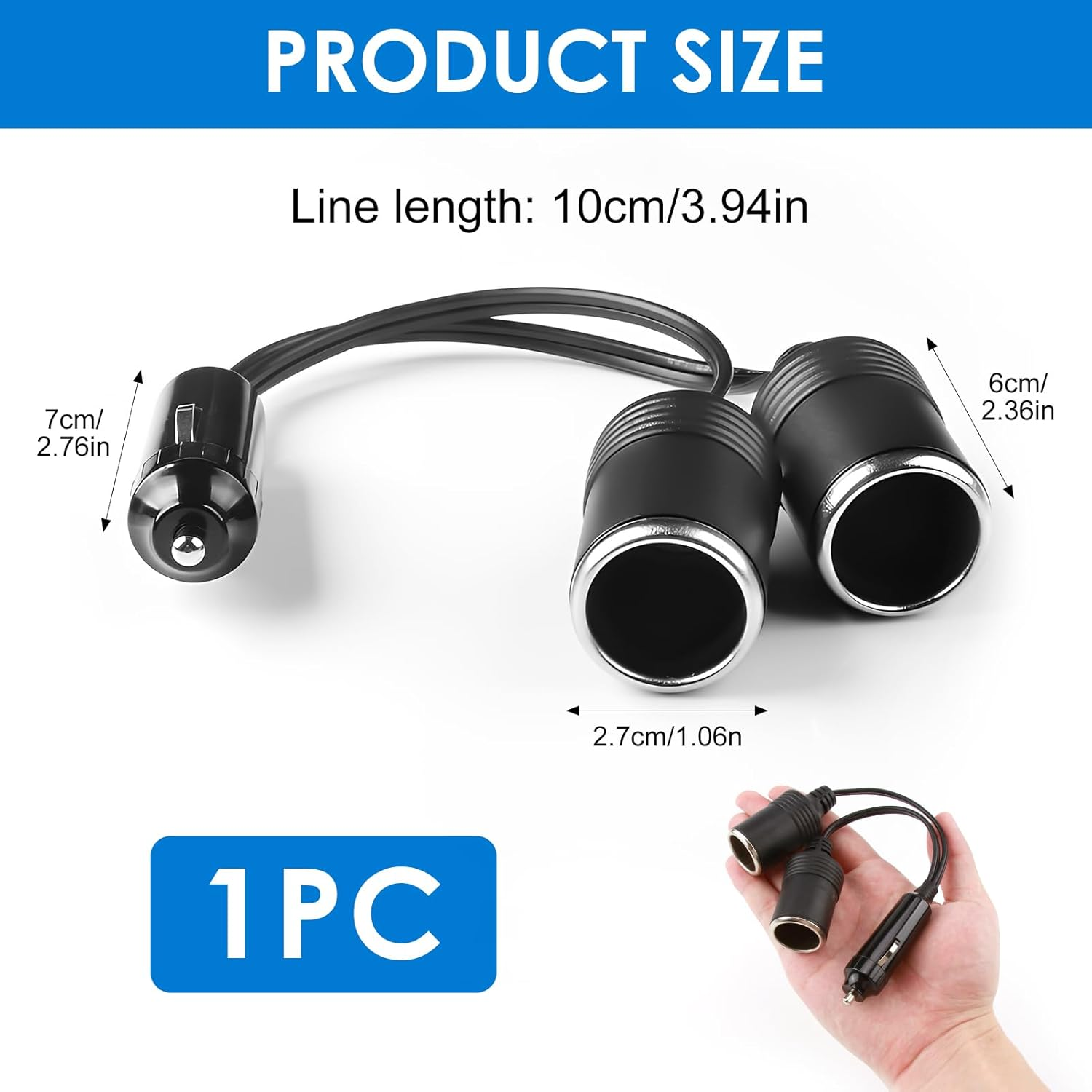1 to 2 Car Cigarette Lighter Splitter Adapter - 12V/24V Plug Socket 2-Way Splitter Y Adapter with 15A Fuse, 9.84" Extension Cord with Dual Charger Port for Simultaneous Charging for Cars Trucks Rvs image number 2