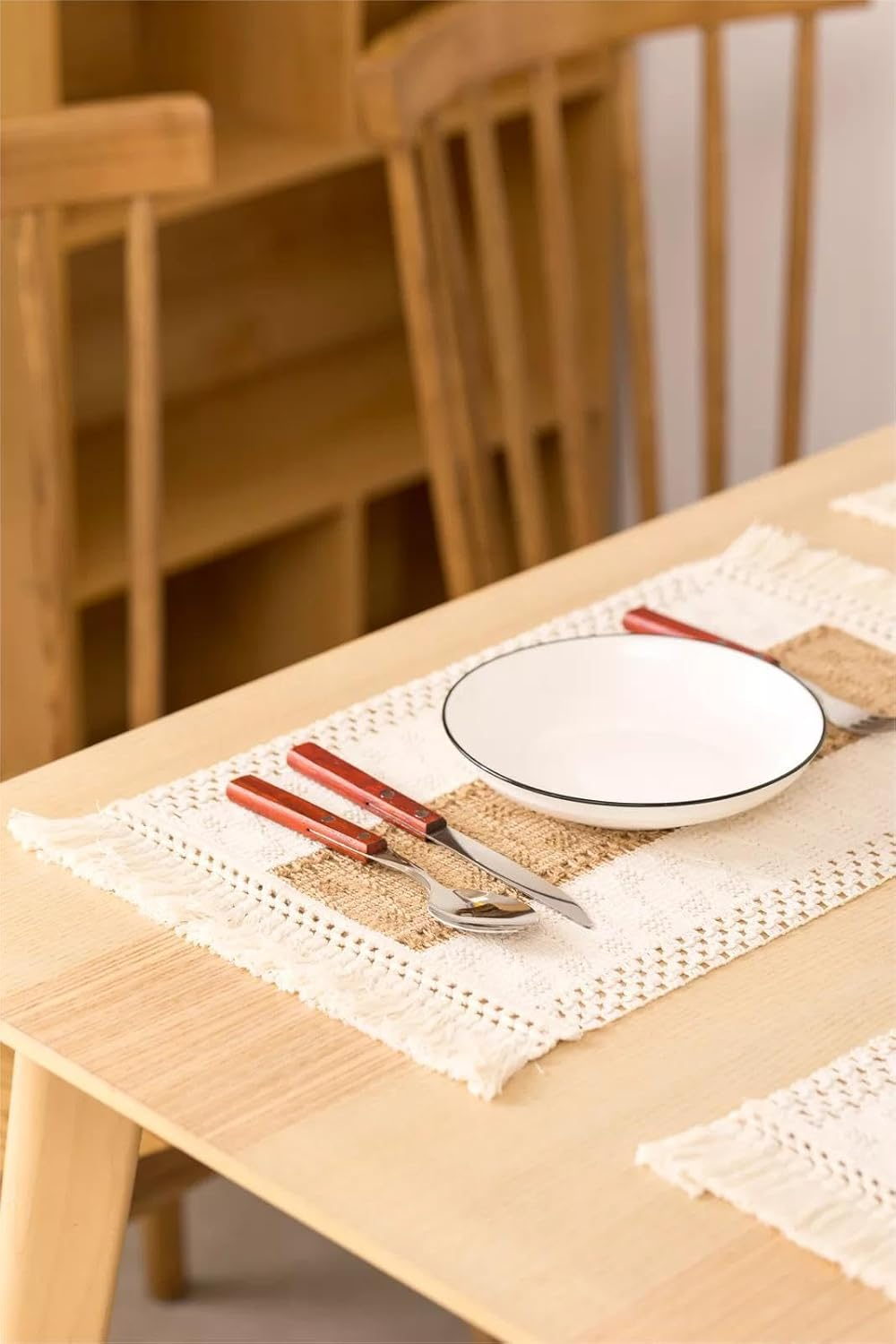 Arzoe Boho Placemats Set of 4, Christmas Placemats Macrame Table Decor and Farmhouse Style Placemats Natural Cotton Burlap, for Dining Table Centerpiece Thanksgiving Home Decorations image number 5