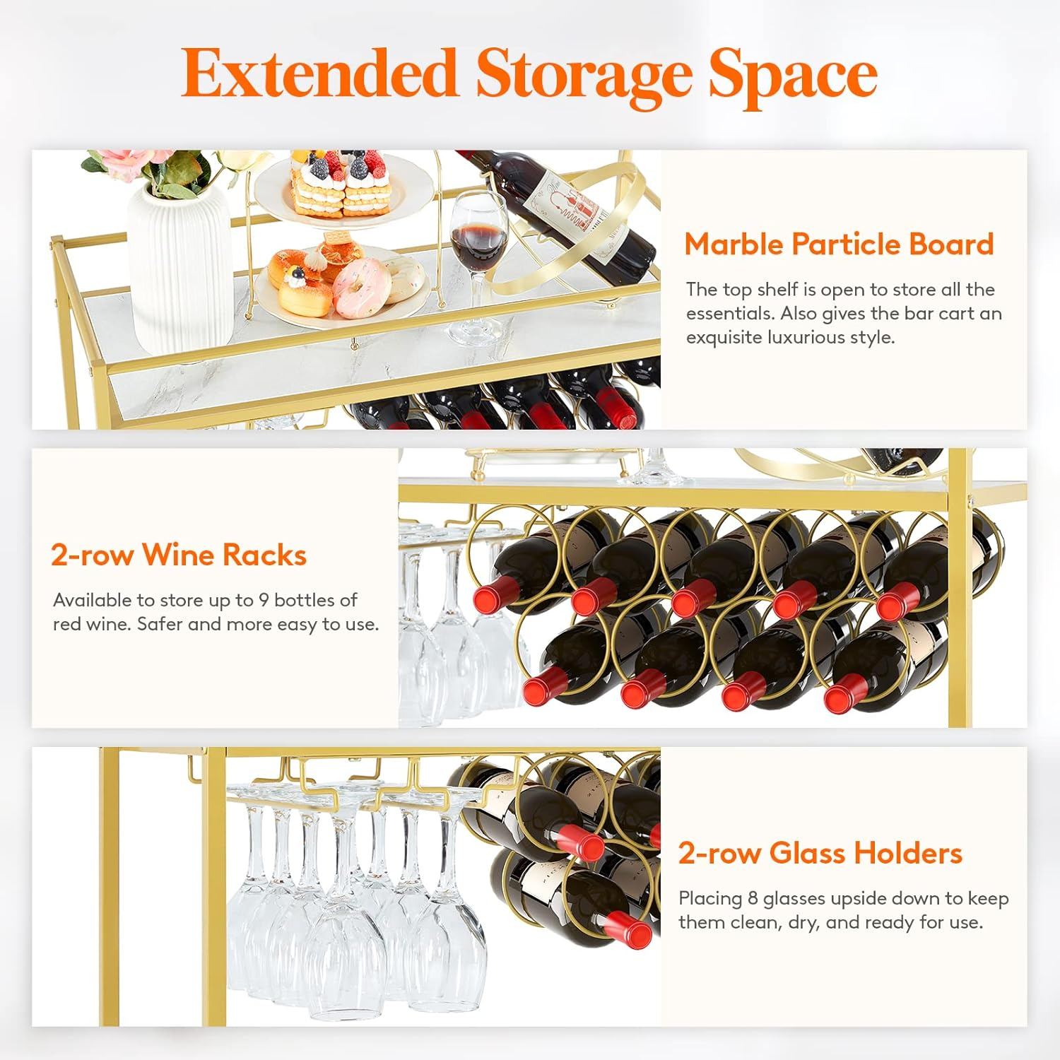 Lifewit Drinks Trolley on Wheels, 2 Tier Bar Cart with 9 Wine Bottle Racks, Serving Cart for Kitchen Dining Living Room Outdoor, 80 X 33.2 X 87.8 Cm, Gold image number 2