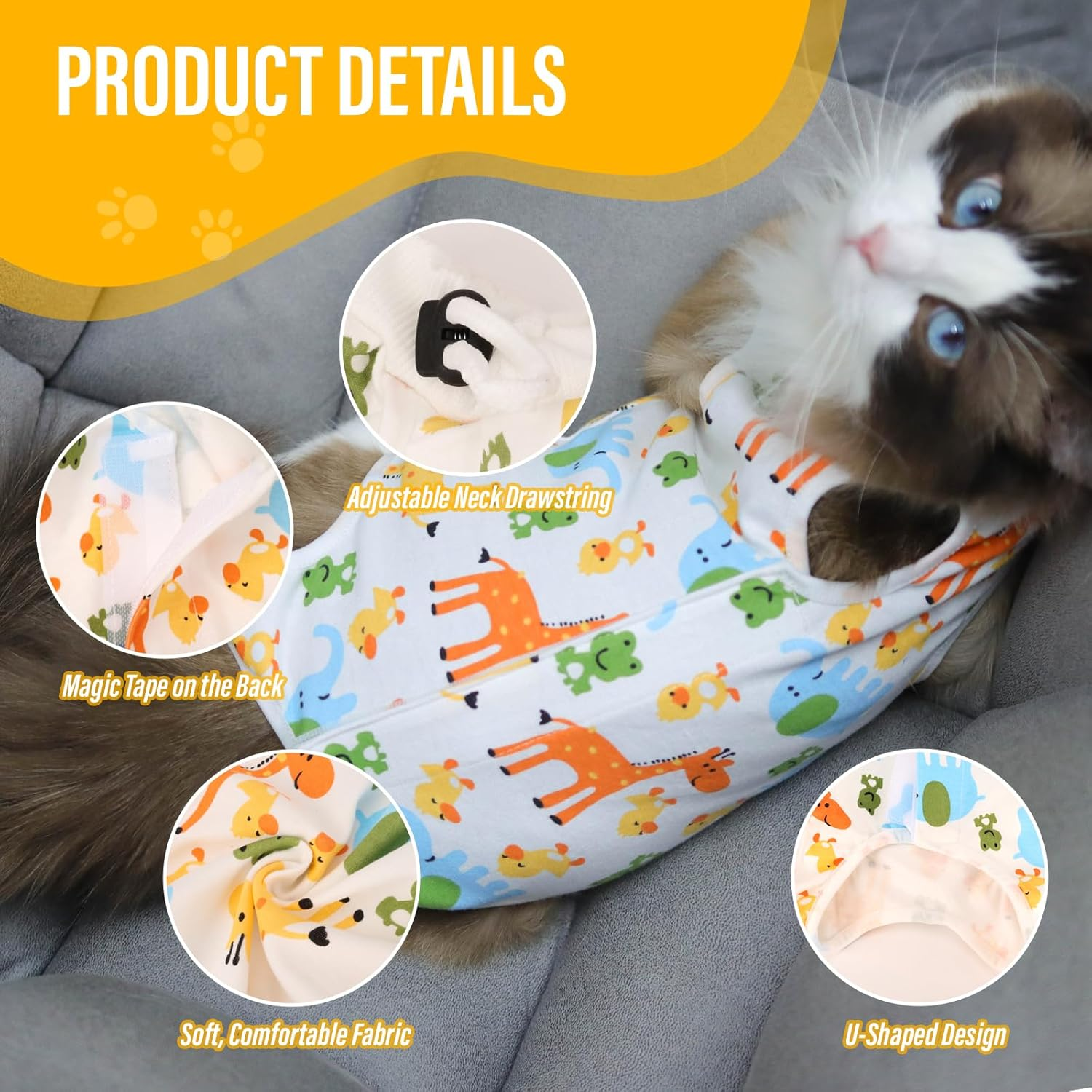 Supcomsta Cat Recovery Suit Female,Soft Kitten Onesie for Cats after Surgery,Elastic Collar Cat Clothes for Post-Surgery Skin Diseases Protection,Perfect Cone of Shame Alternative (L, Cute Animal)