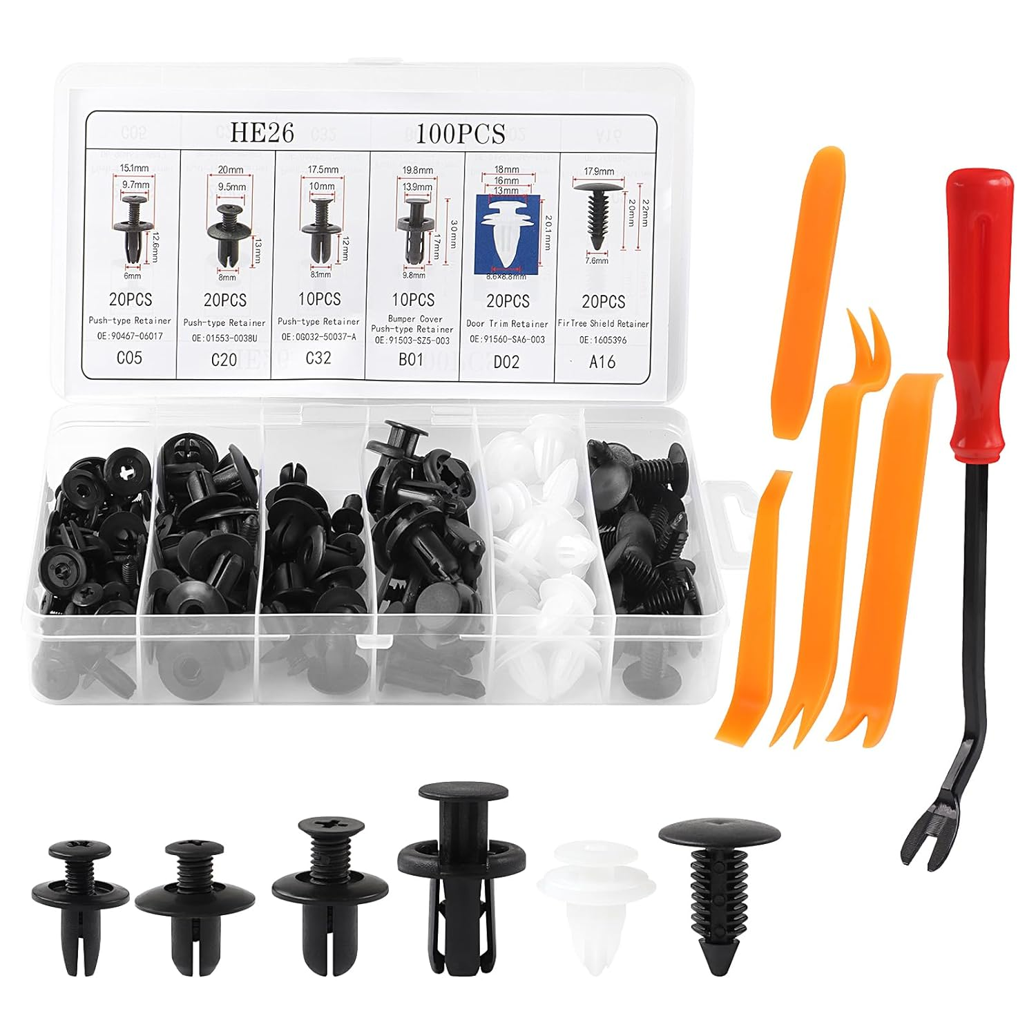 100 Pcs Push Car Trim Clips, 6 Universal Plastic Rivets with Removal Tool, Car Retainer Clips for Bumpers, Fenders, Door Trim Panels