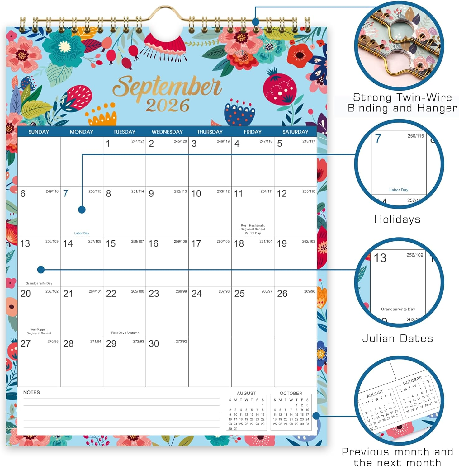2026 Calendar - JUL 2025 - DEC 2026 Wall Calendar, 18 Month Wall Calendar 2026, 8.5" X 11", Twin-Wire Binding + Hanging Hook + Large Blocks with Julian Dates, Perfect Calendar for Organizing - Floral image number 5