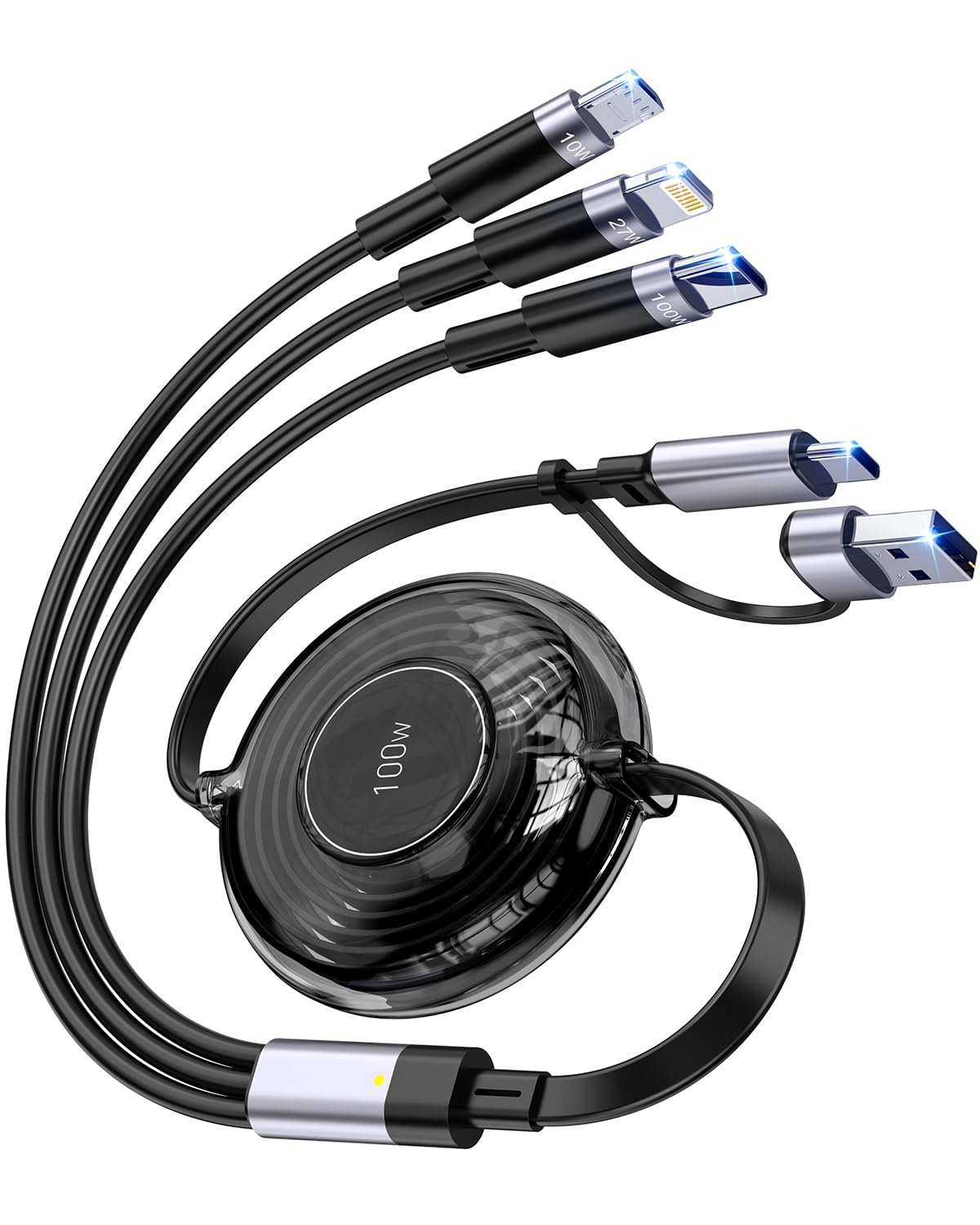 100W 5-In-1 Retractable Charging Cable, USB C/Light-Ning/Micro USB Multi Charger Cords for Iphones, Ipads, Macbook, Tablets, Galaxy, Note & More - 4Ft/1.2M 5A Fast Charging, Durable & Portable, Black