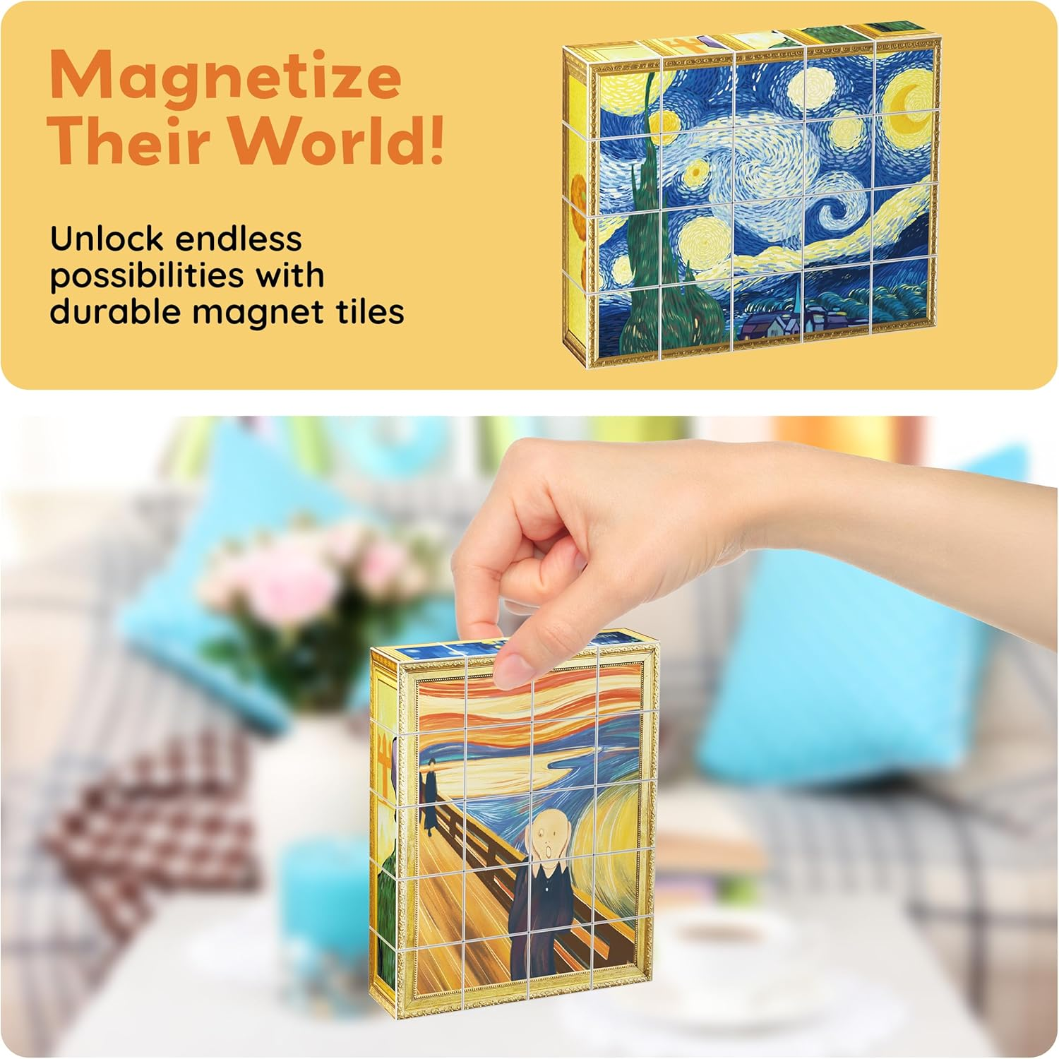 Picassotiles 1&rdquo; Magnetic Puzzle Building Cubes Blocks for Kids, Van Gogh Puzzle, Mona Lisa Hand Puzzle, Kids Toys 3+ Year Old Boy Girl, STEM Toys, Toddler, Teen,Young Explorers,Educational Popular Art image number 4