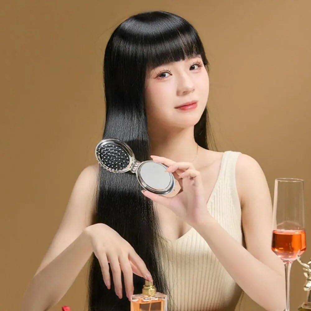 Folding Hair Brush with Pocket Mirror, 3Pcs Travel Size Folding Hair Comb with Pocket Mirror, round Mini Compact Massage Comb Folding Hair Brush with Mirror image number 6