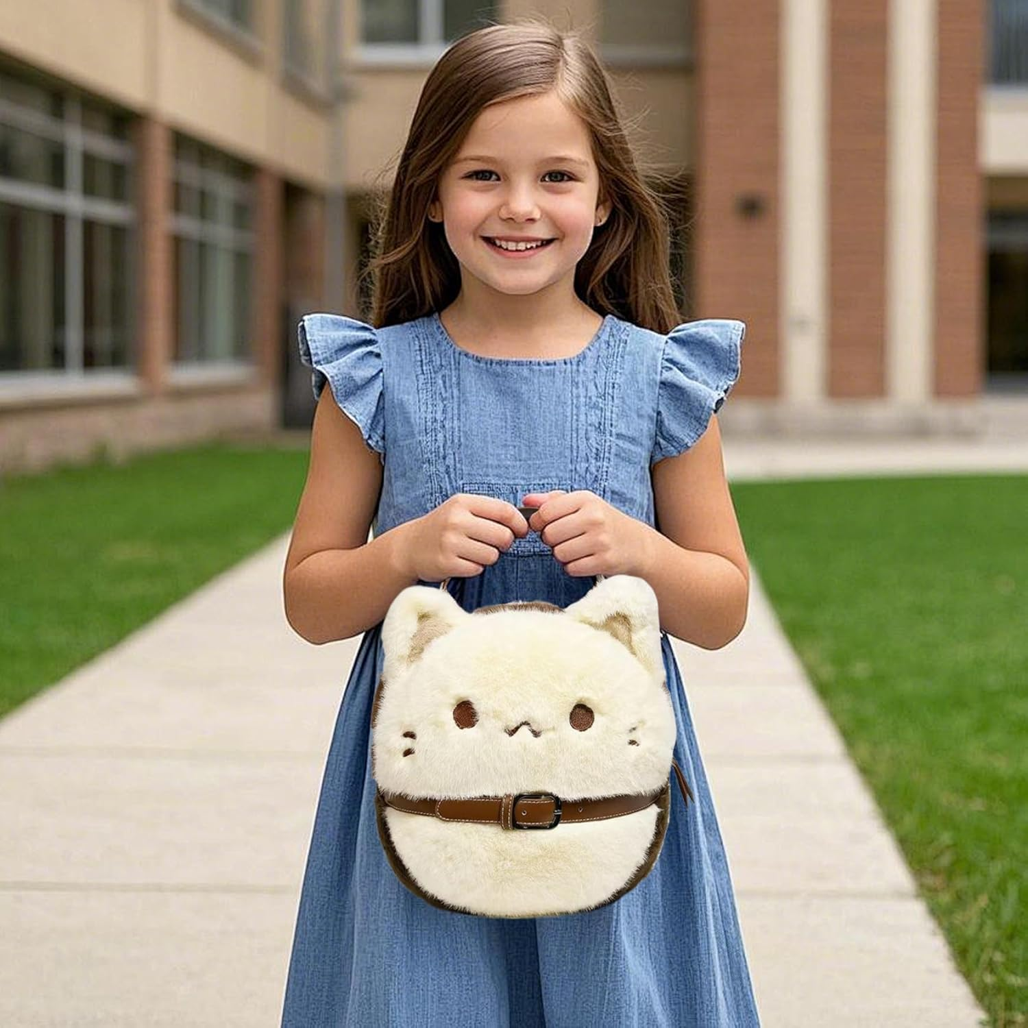 Cat Purse Cute Plush Kitty Purse with Lear Collar Kawaii Mini Backpack Soft Adjustable Shoulder Handbags Use for Cat Lovers image number 3