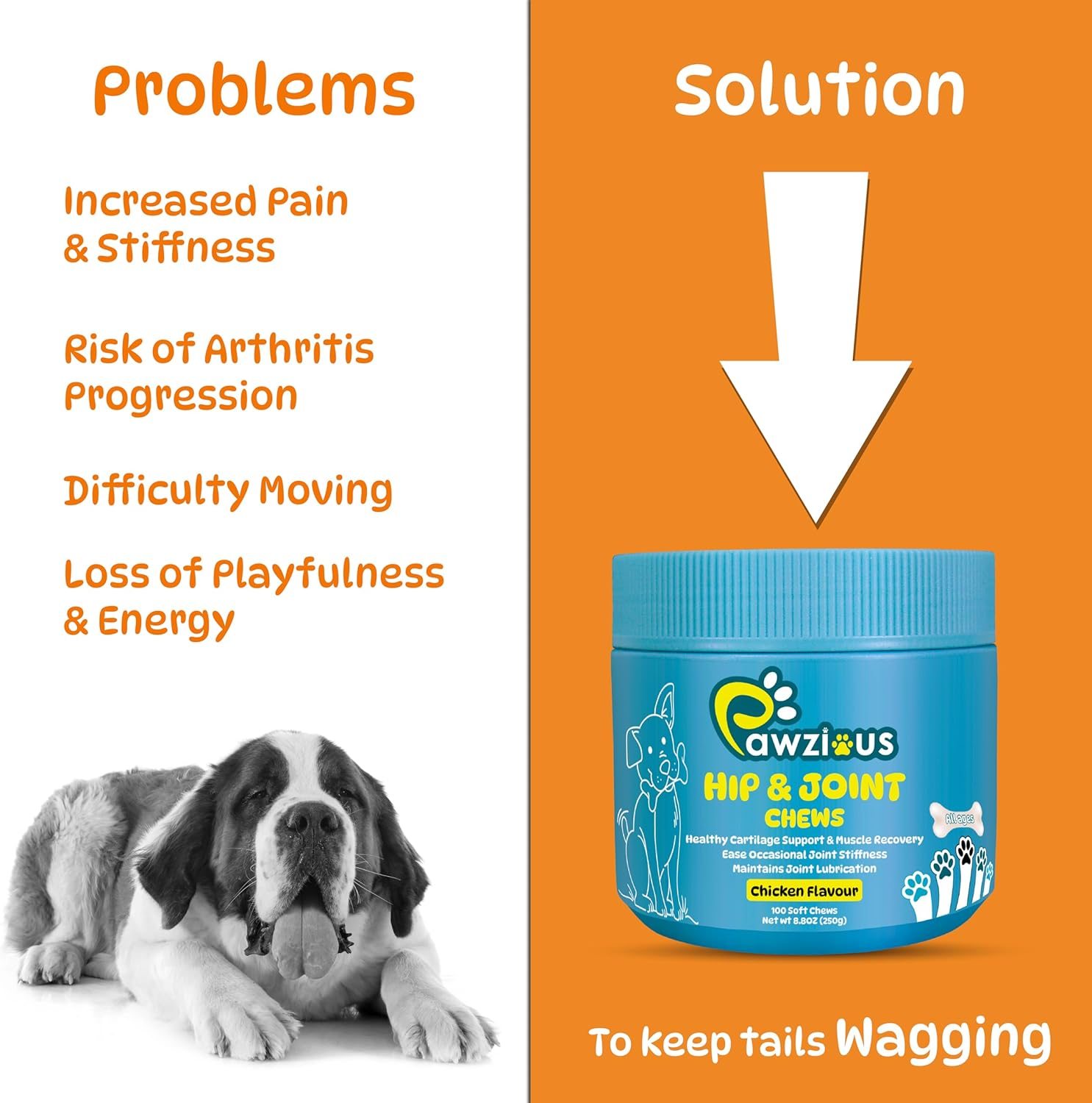 Dog Hip and Joint Supplements, Glucosamine Chondroitin & Green Lipped + Omega-3 & Turmeric + MSM, Treats Improve Joint Function & Mobility in All Ages (Chicken Flavour 100 Chews)