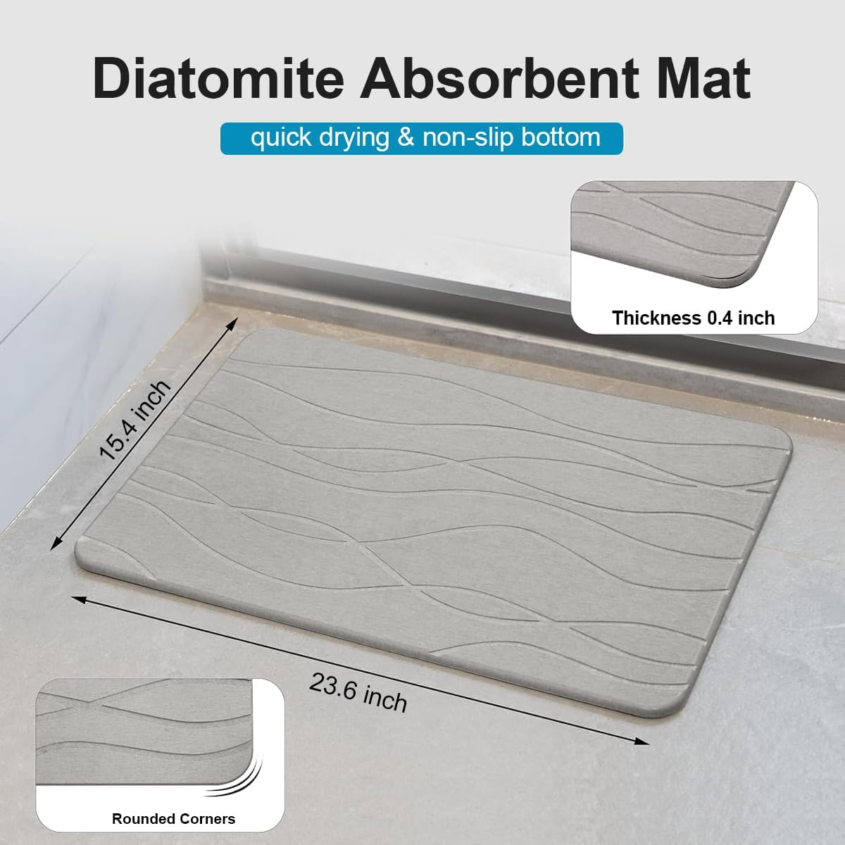 Monehet Stone Bath Mat, 39 * 60CM Diatomaceous Earth Bath Mat, Quick Drying Mat, Non-Slip Super Absorbent Quick Drying Diatomite Mat,For Bathroom Bathtub Kitchen Etc (Medium Grey)